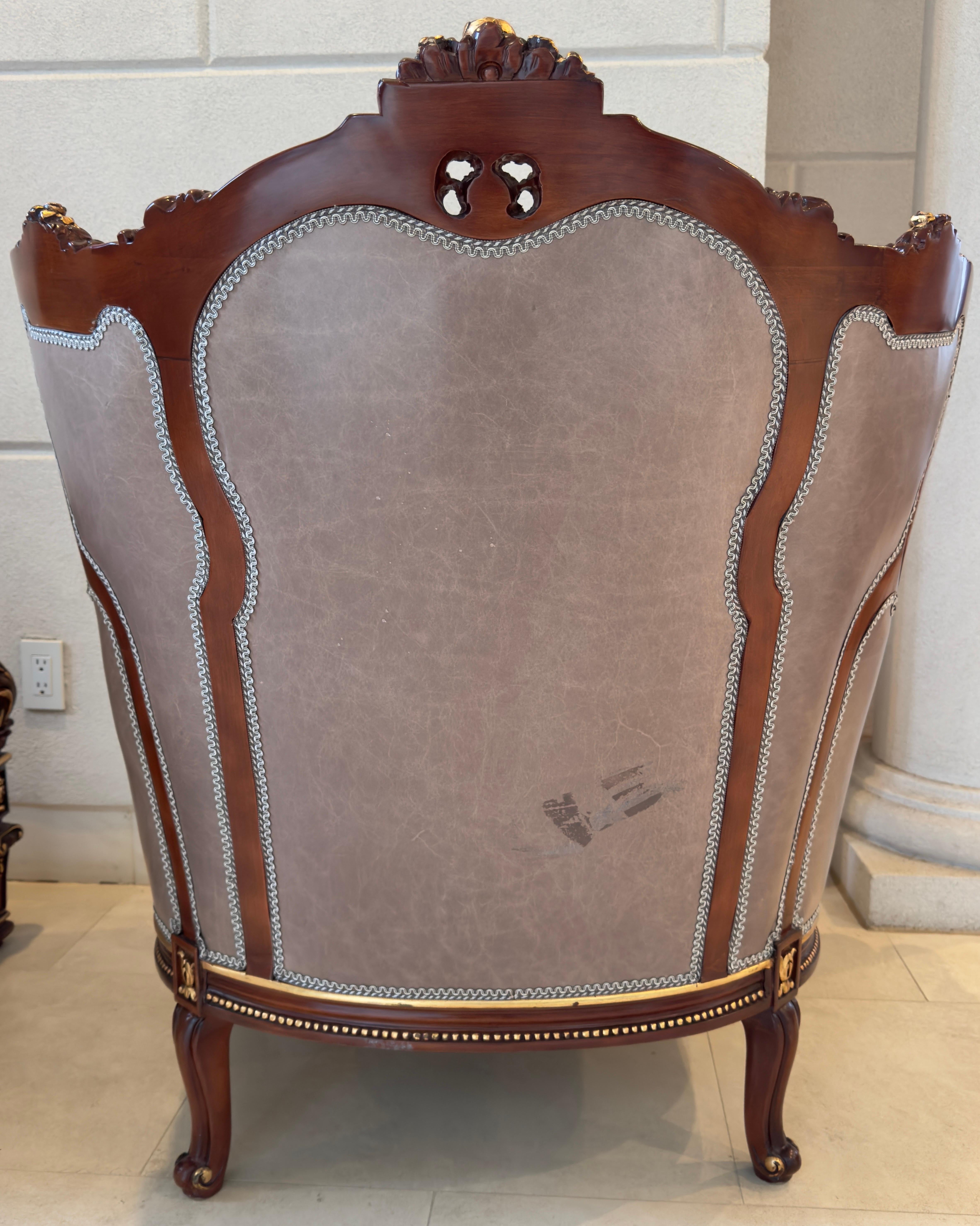 Italian Rococo Style Carved Wood Bergere chair with Leather upholstery, a Pair For Sale 8