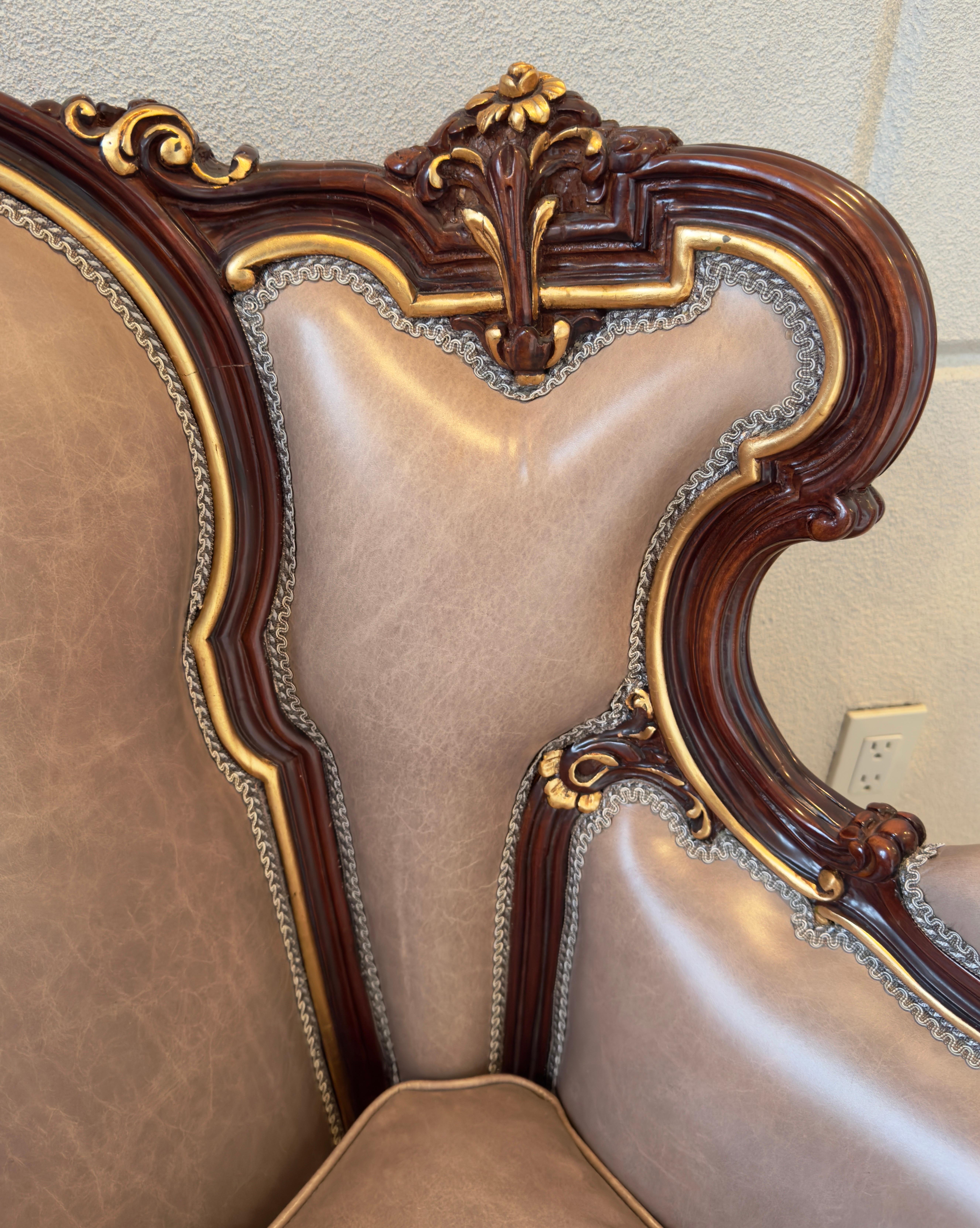 Italian Rococo Style Carved Wood Bergere chair with Leather upholstery, a Pair For Sale 3