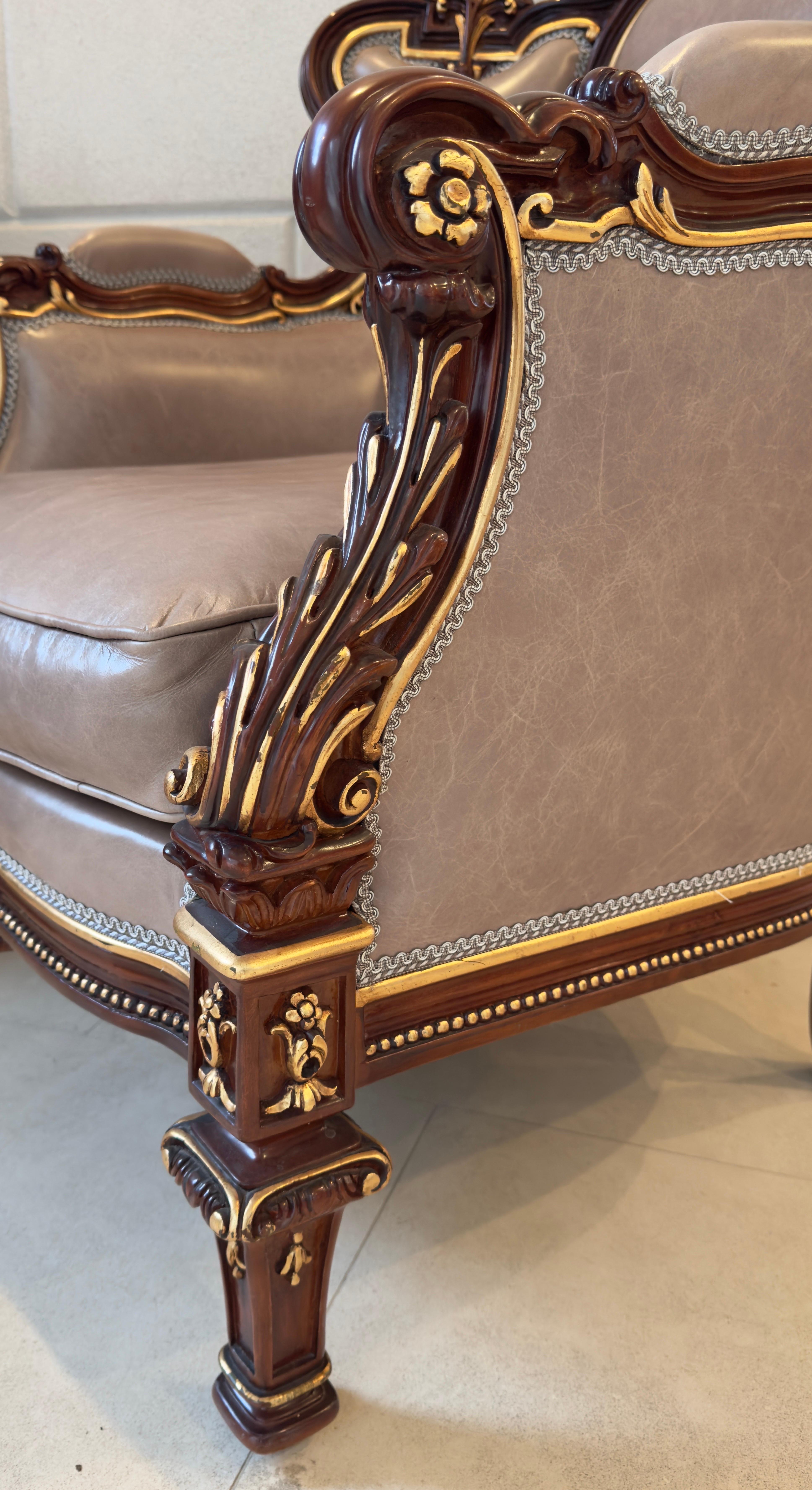 Italian Rococo Style Carved Wood Bergere chair with Leather upholstery, a Pair For Sale 5