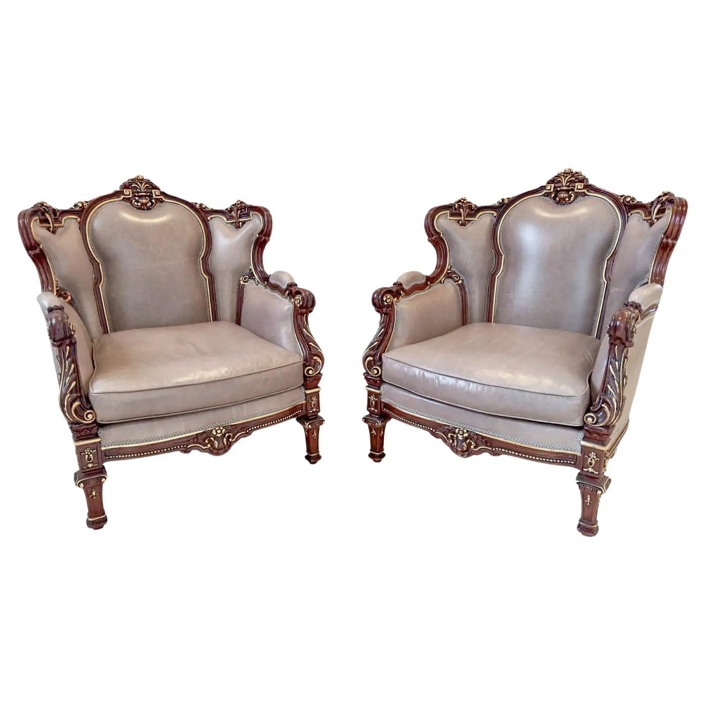 Italian Rococo Style Carved Wood Bergere chair with Leather upholstery, a Pair For Sale