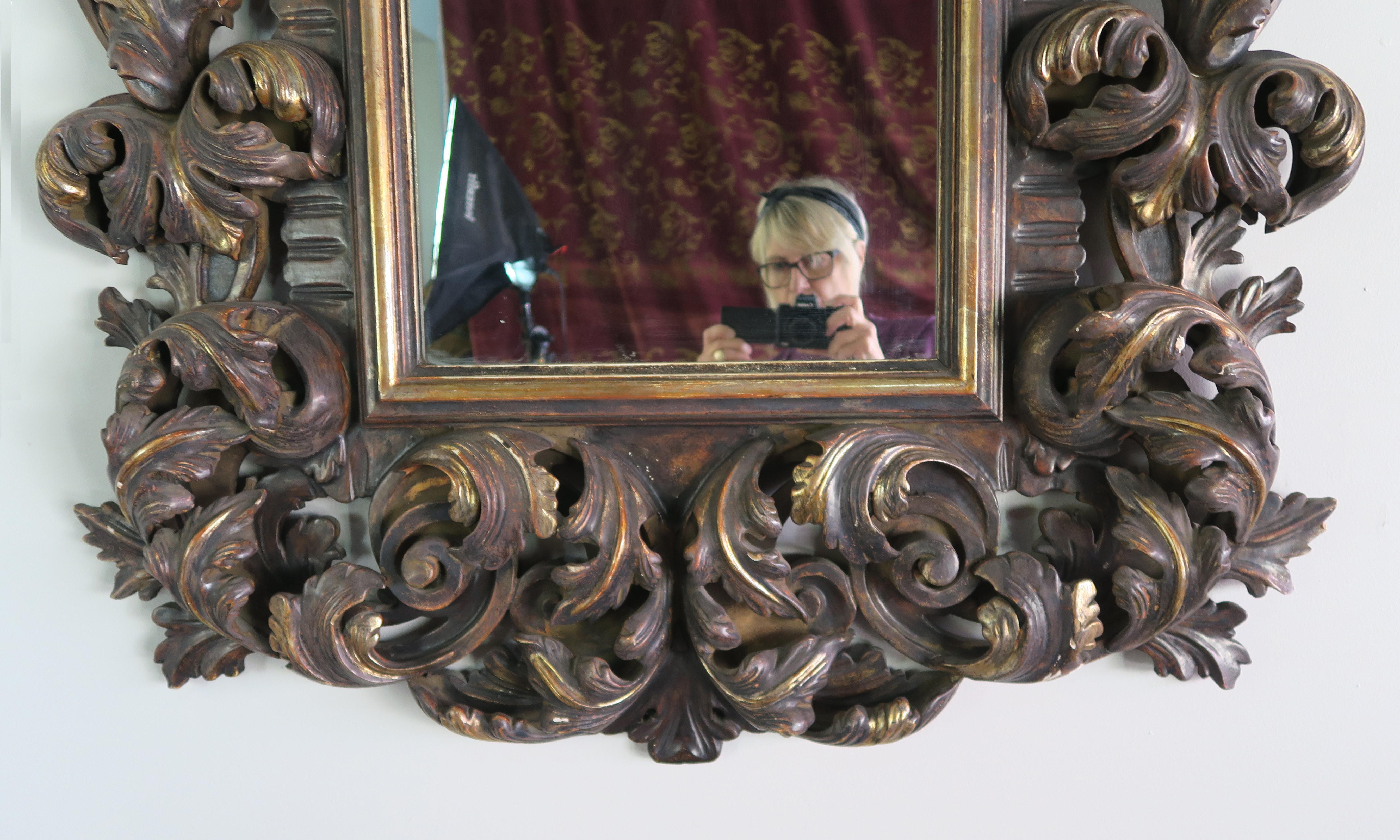 Italian Rococo Style Carved Wood Painted and Parcel-Gilt Mirror In Distressed Condition In Los Angeles, CA