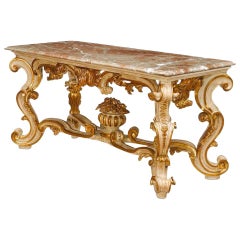 Italian Rococo Style Console Center Table with Marble Top, 20th Century