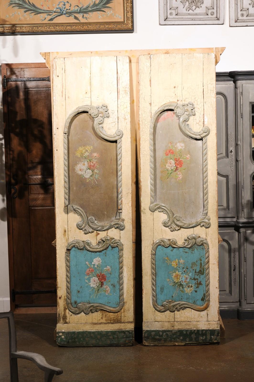 Italian Rococo Style Early 19th Century Door Panels with Painted Bouquets For Sale 4
