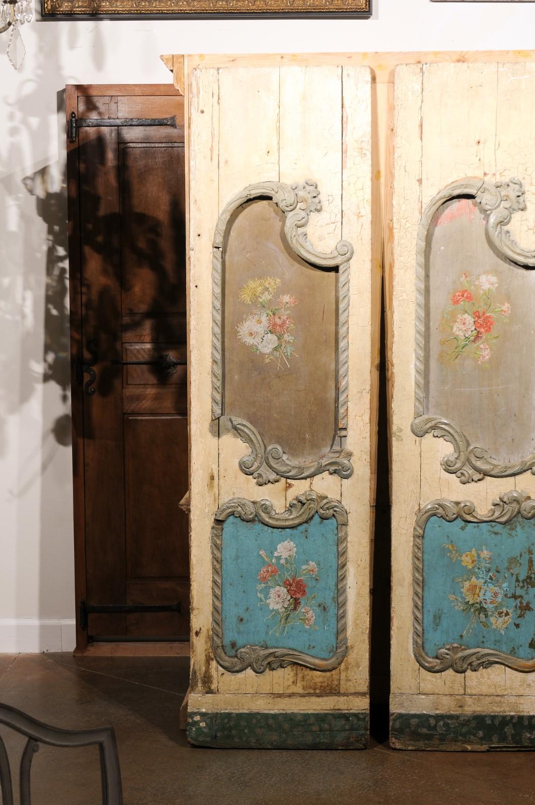 Italian Rococo Style Early 19th Century Door Panels with Painted Bouquets For Sale 5