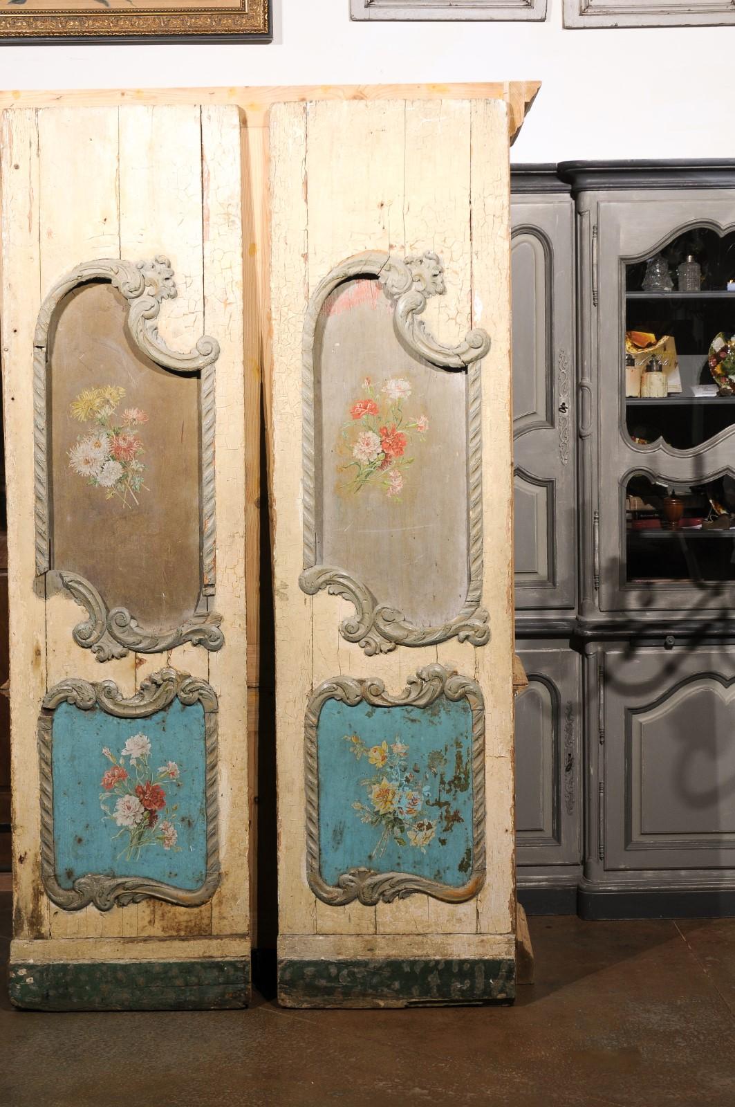 Italian Rococo Style Early 19th Century Door Panels with Painted Bouquets For Sale 6