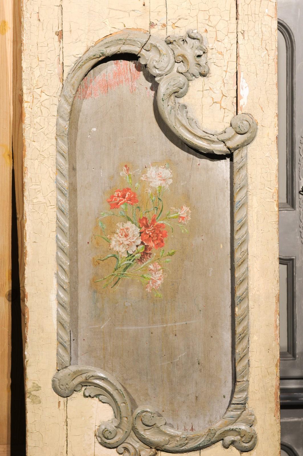 Carved Italian Rococo Style Early 19th Century Door Panels with Painted Bouquets For Sale