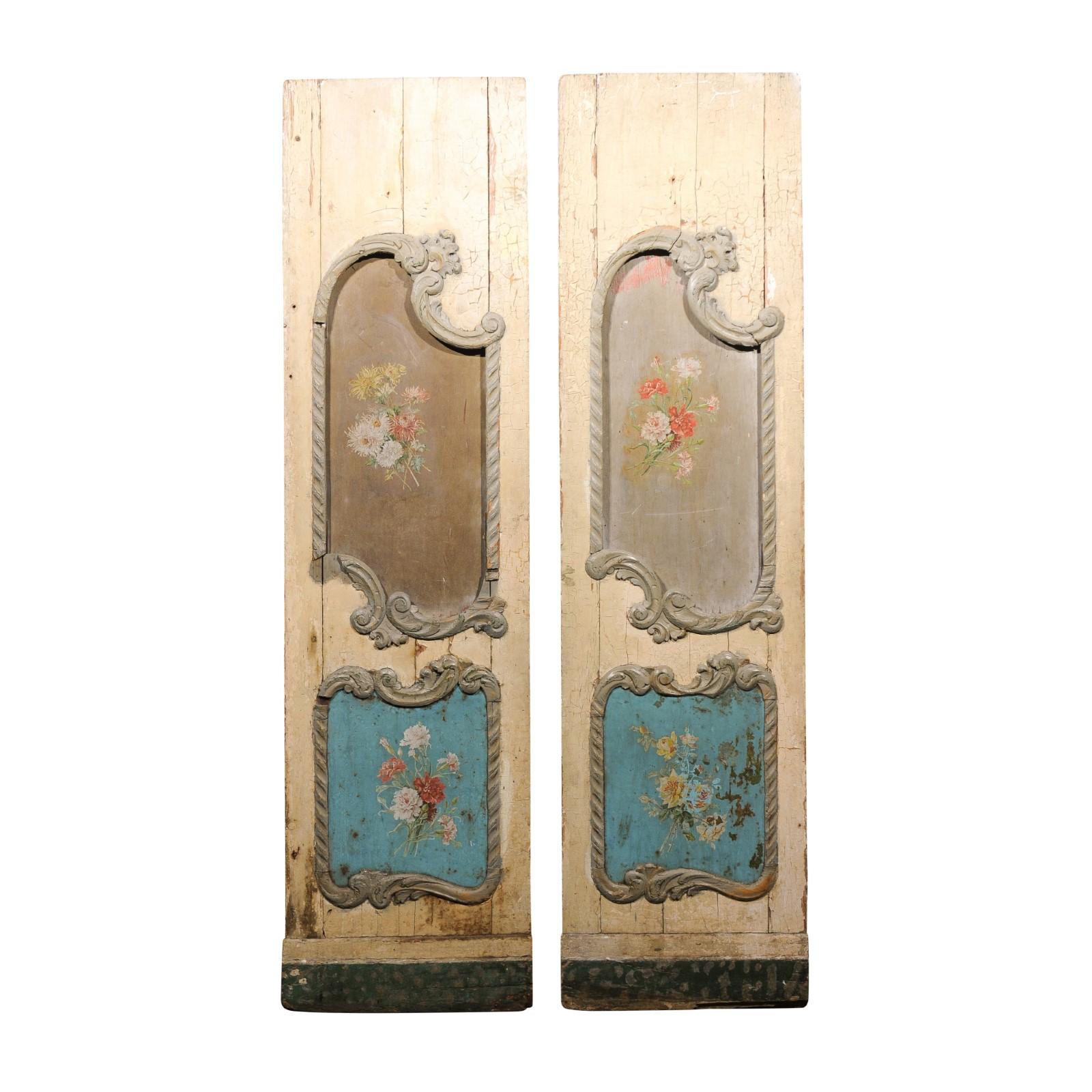 Italian Rococo Style Early 19th Century Door Panels with Painted Bouquets For Sale 3