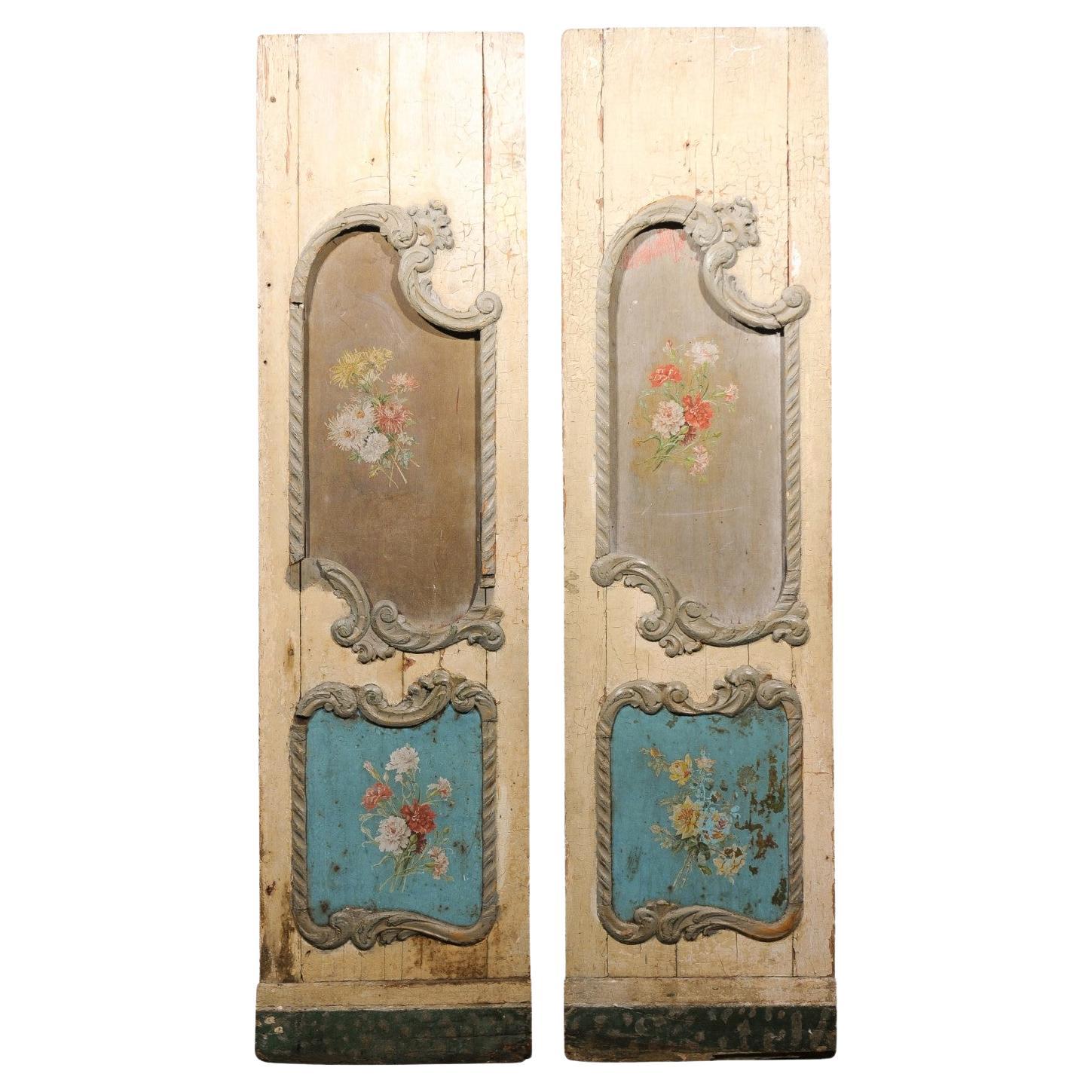 Italian Rococo Style Early 19th Century Door Panels with Painted Bouquets For Sale