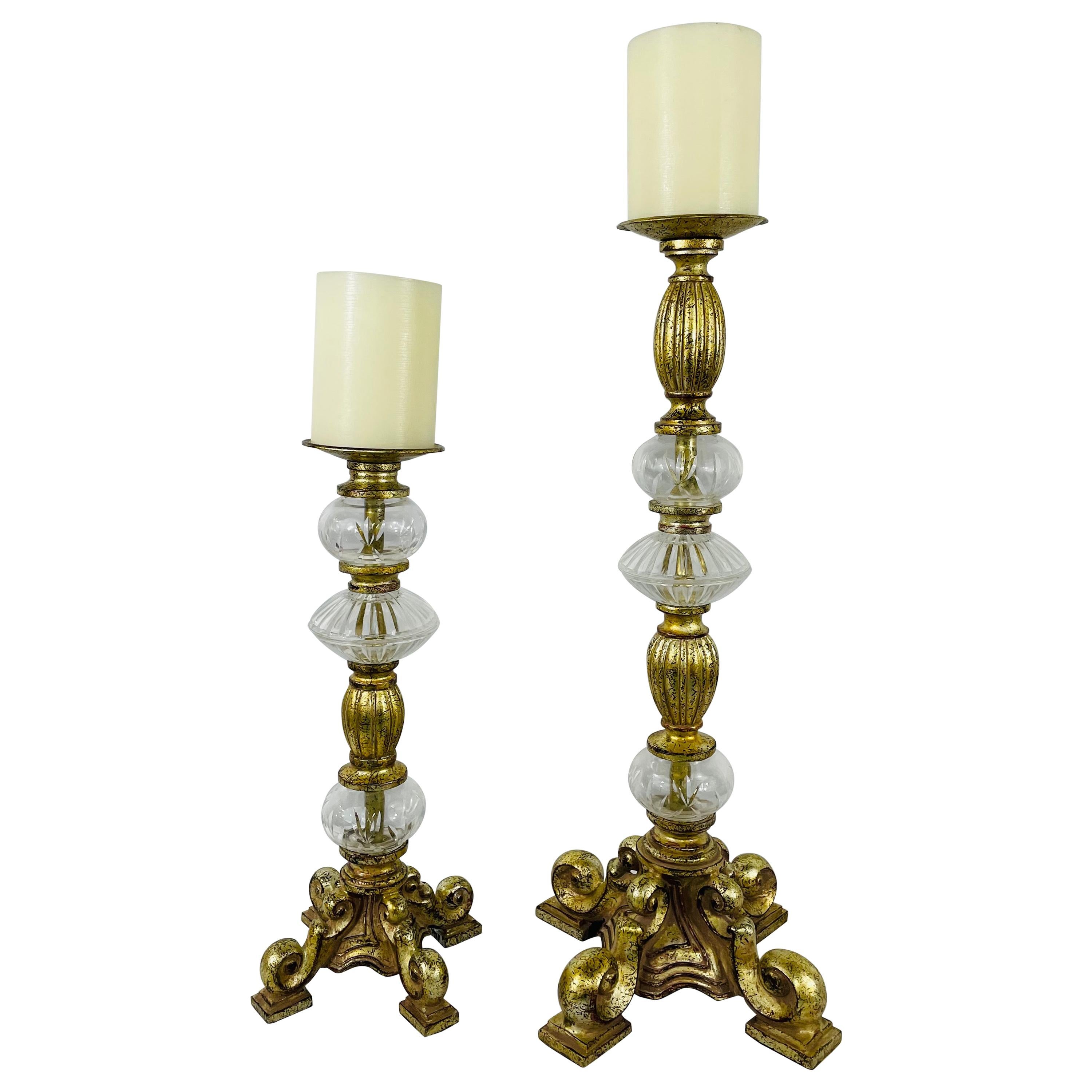 Italian Rococo Style Gilt Metal and Cut Glass Candle Holder, a Pair For Sale