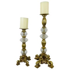 Retro Italian Rococo Style Gilt Metal and Cut Glass Candle Holder, a Pair