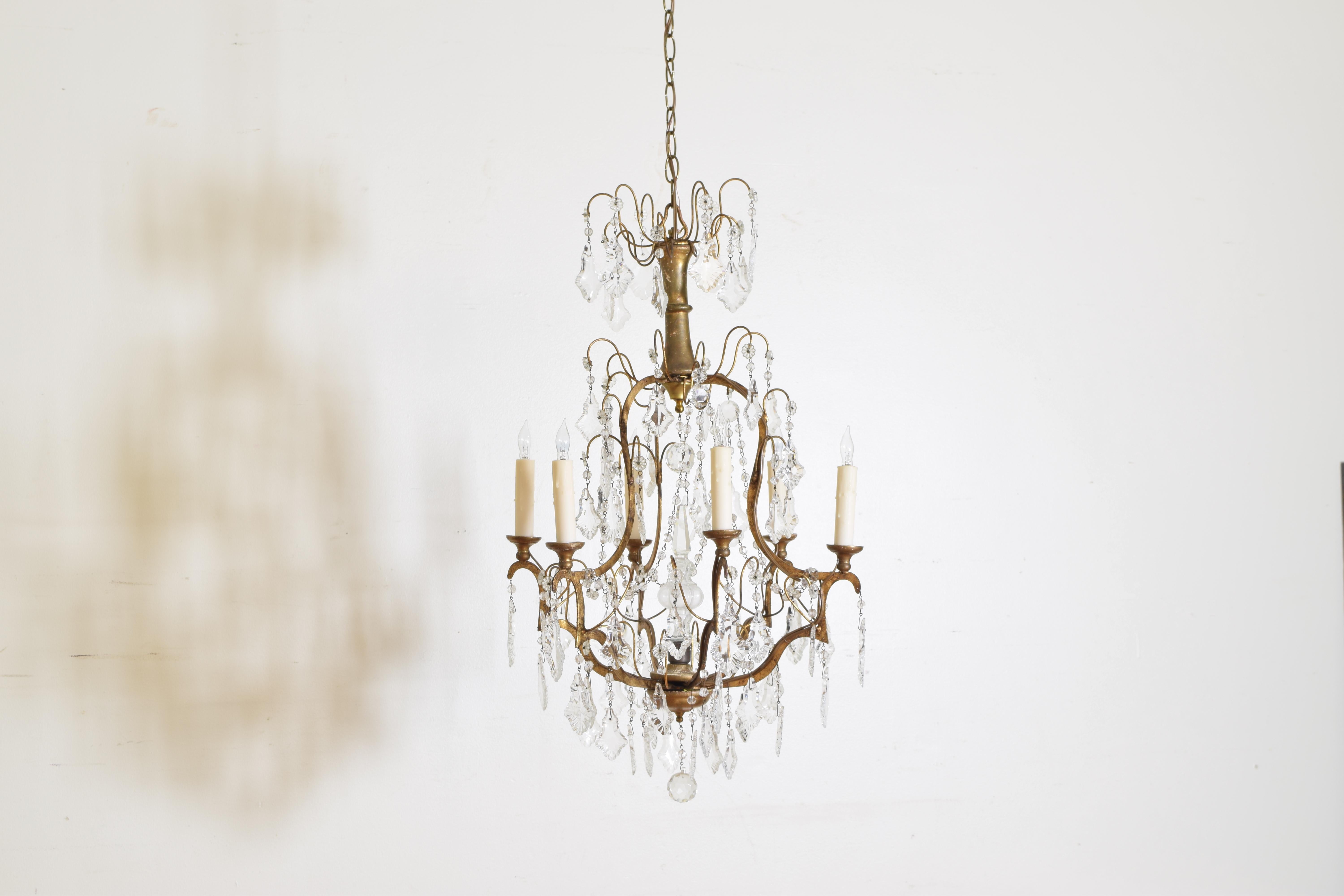 Late 19th Century Italian Rococo Style Giltwood and Gilt Iron 6-Light Chandelier, UL Wired