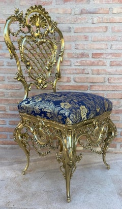 Italian Rococo Style Giltwood Chair with Rich Blue Damask Upholstery