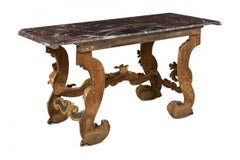Italian Rococo-Style Green Giltwood and Deep Burgundy Marble Scroll Design Conso