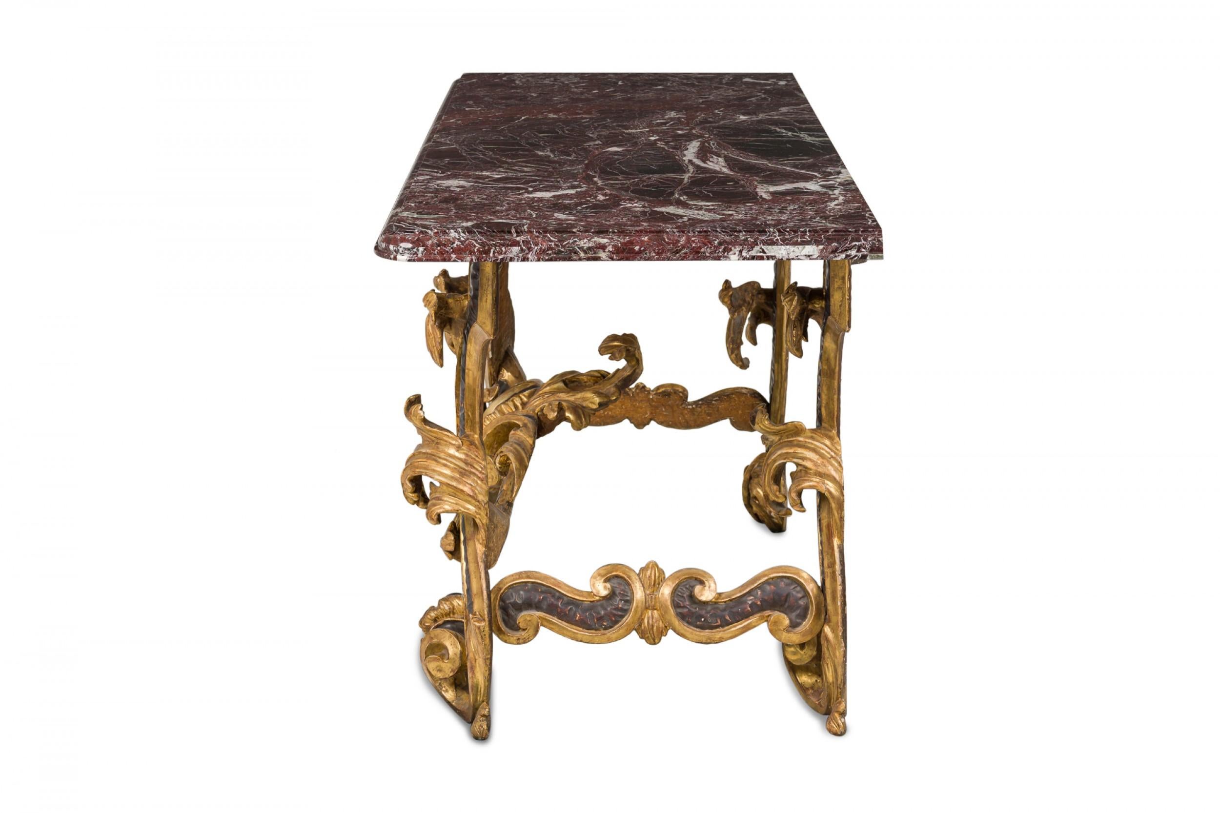Italian Rococo-Style Green Giltwood and Deep Burgundy Marble Scroll Design Conso For Sale 1