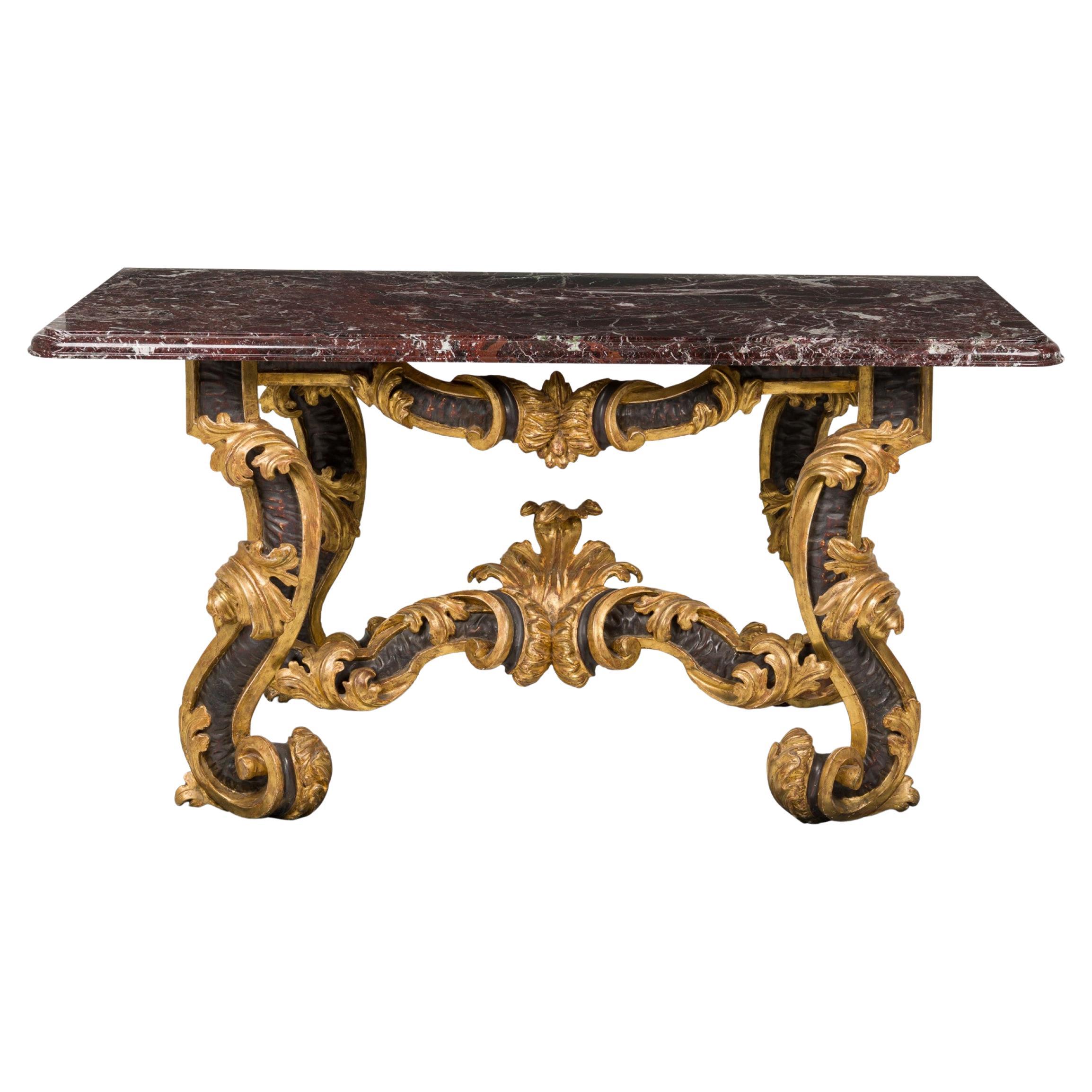Italian Rococo-Style Green Giltwood and Deep Burgundy Marble Scroll Design Conso For Sale