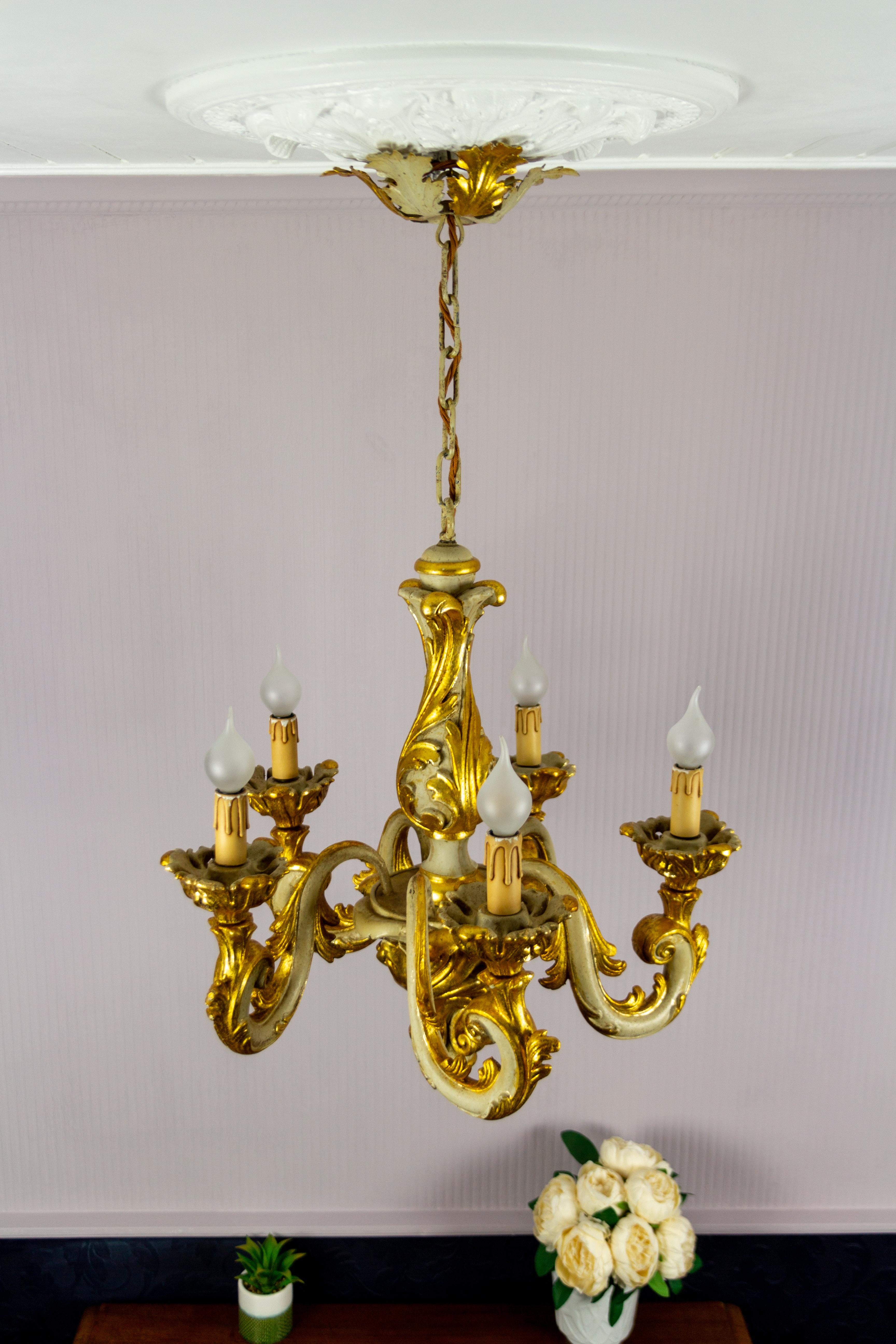 Italian Rococo Style Grey and Golden Patinated Five-Light Chandelier 15