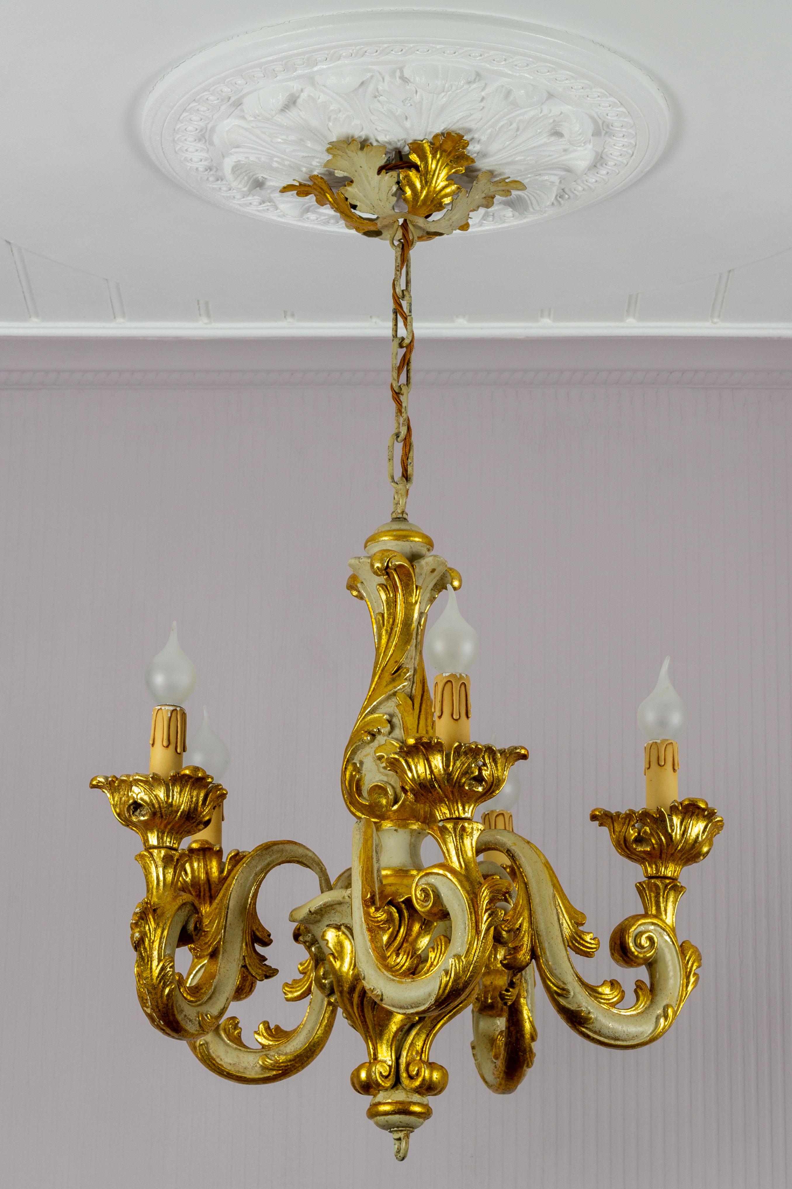 Late 20th Century Italian Rococo Style Grey and Golden Patinated Five-Light Chandelier