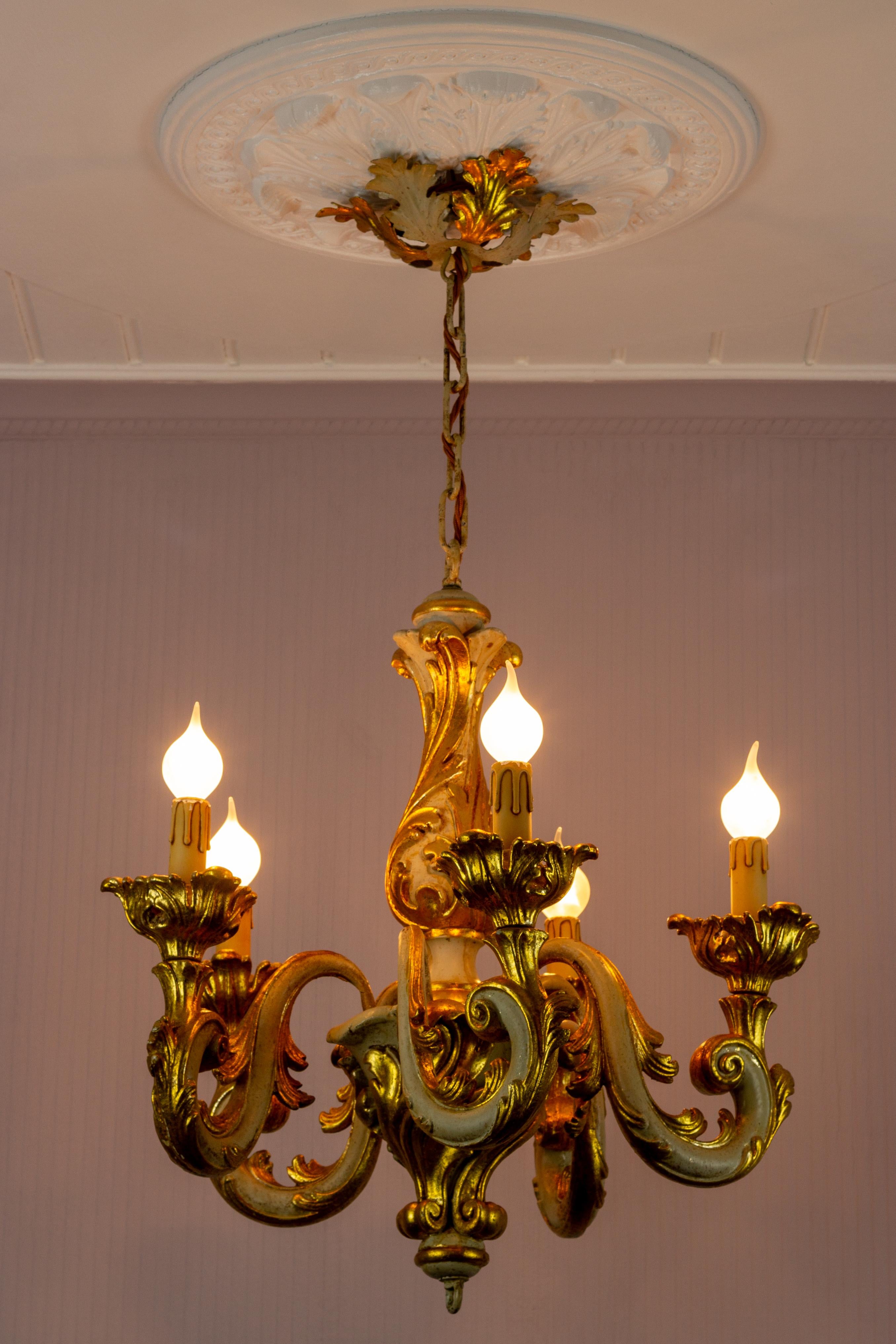 Metal Italian Rococo Style Grey and Golden Patinated Five-Light Chandelier