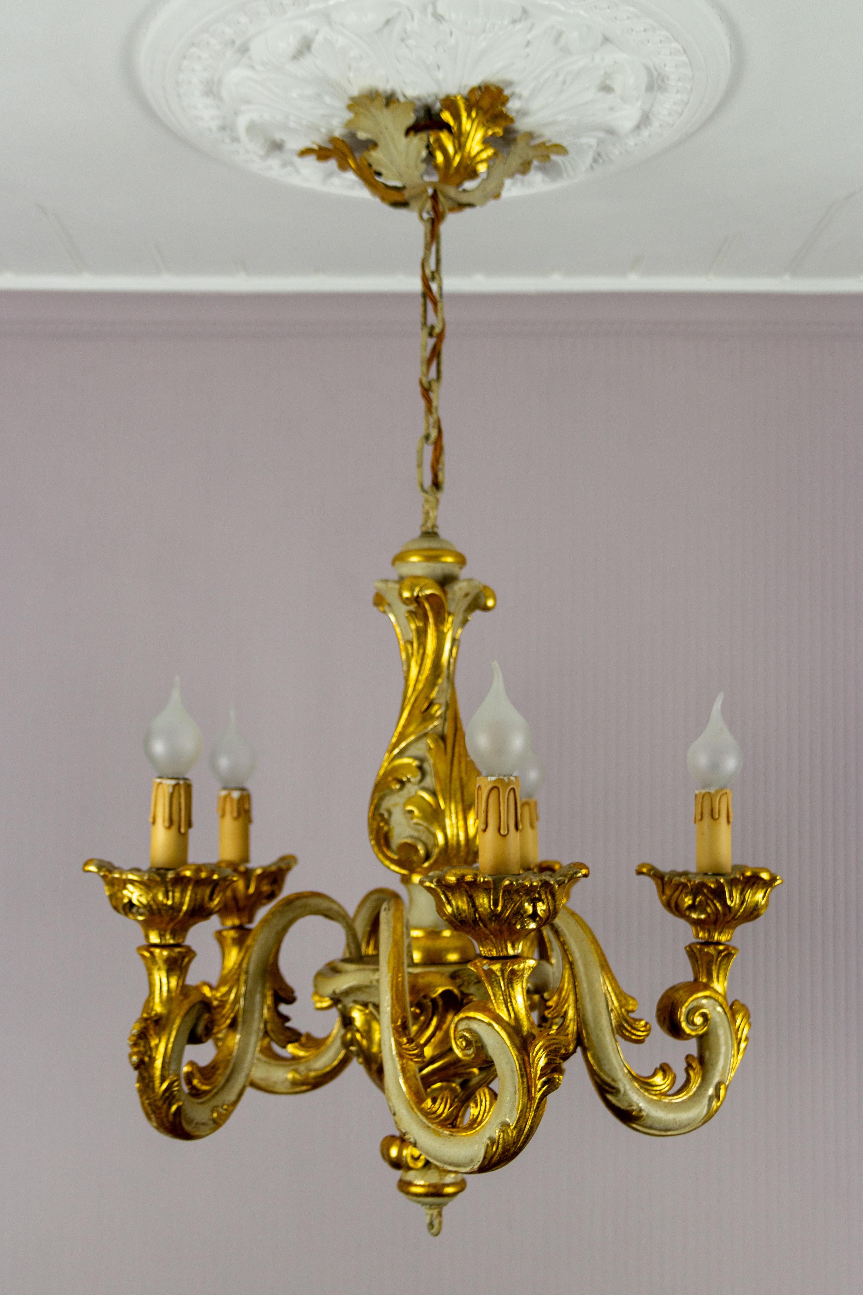 Italian Rococo Style Grey and Golden Patinated Five-Light Chandelier 1