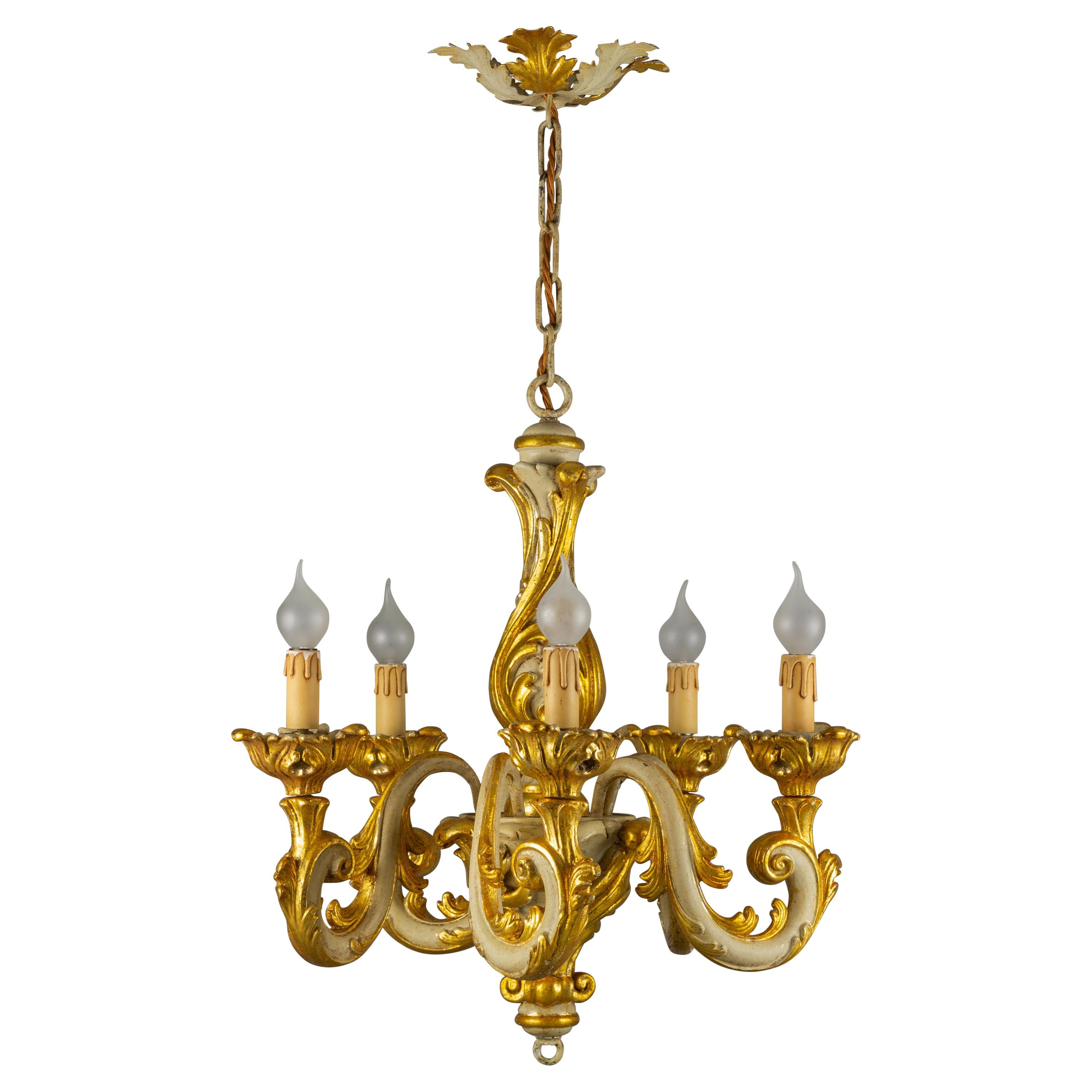 Italian Rococo Style Grey and Golden Patinated Five-Light Chandelier