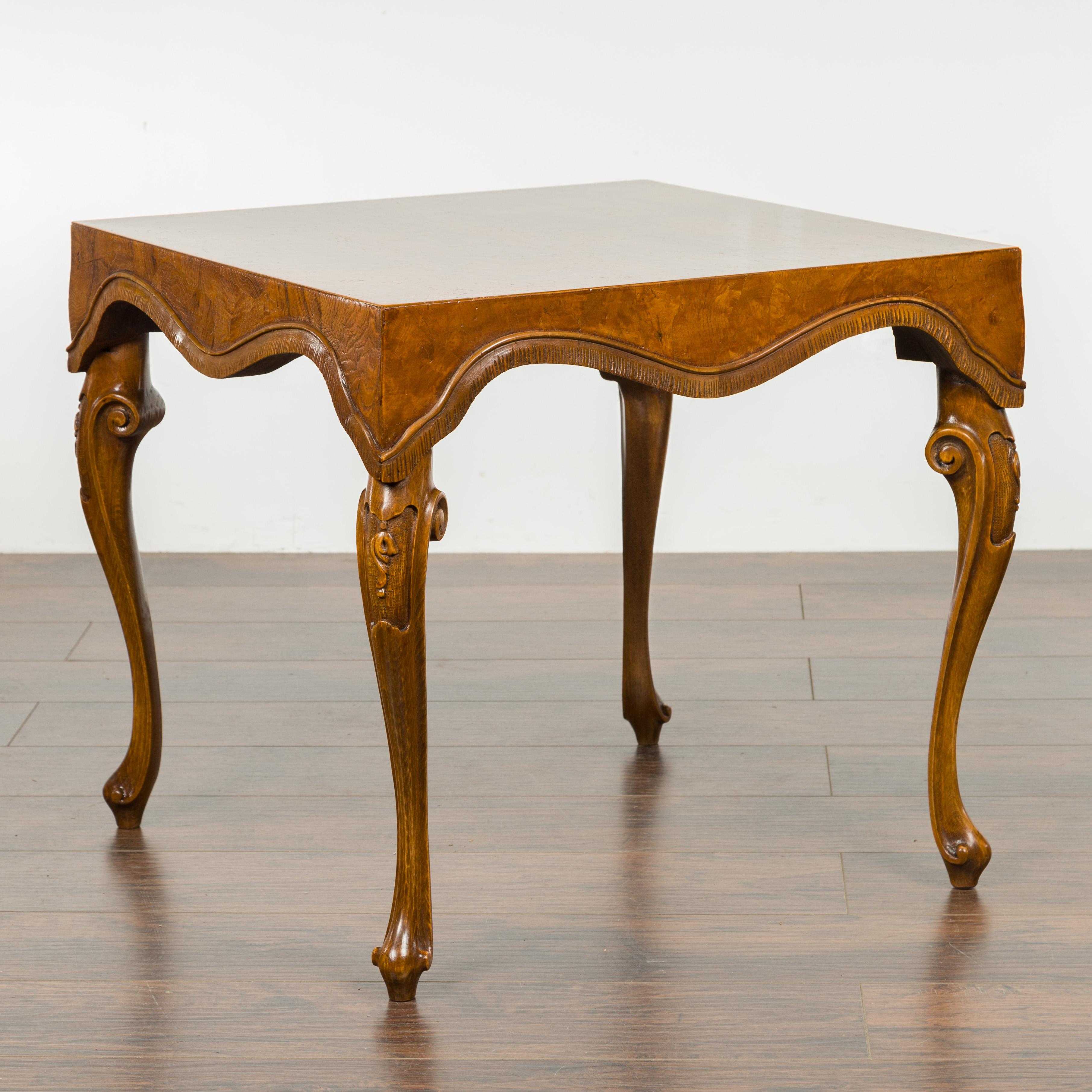 Italian Rococo Style Midcentury Walnut and Olive Wood Table with Cabriole Legs For Sale 3