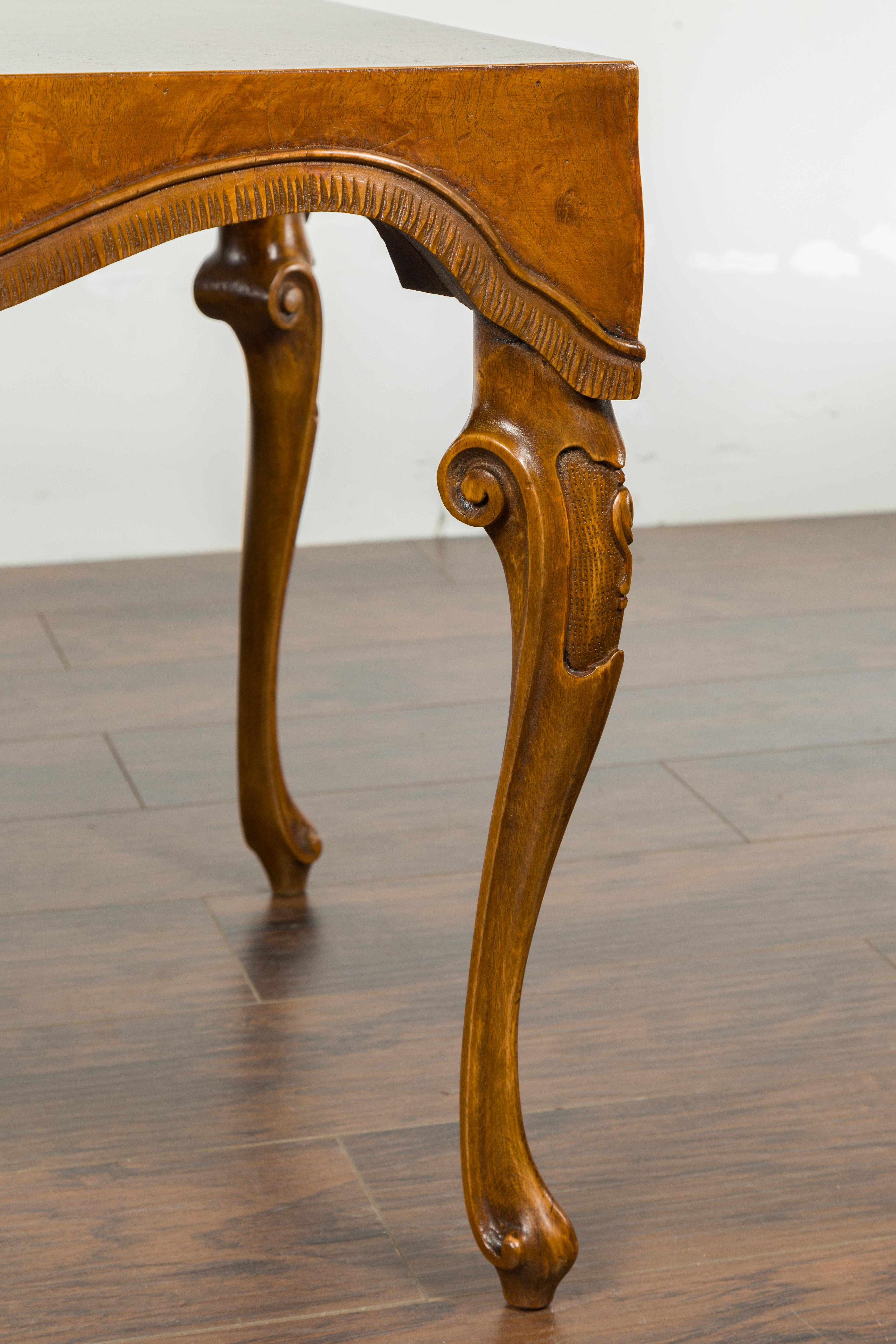 20th Century Italian Rococo Style Midcentury Walnut and Olive Wood Table with Cabriole Legs For Sale