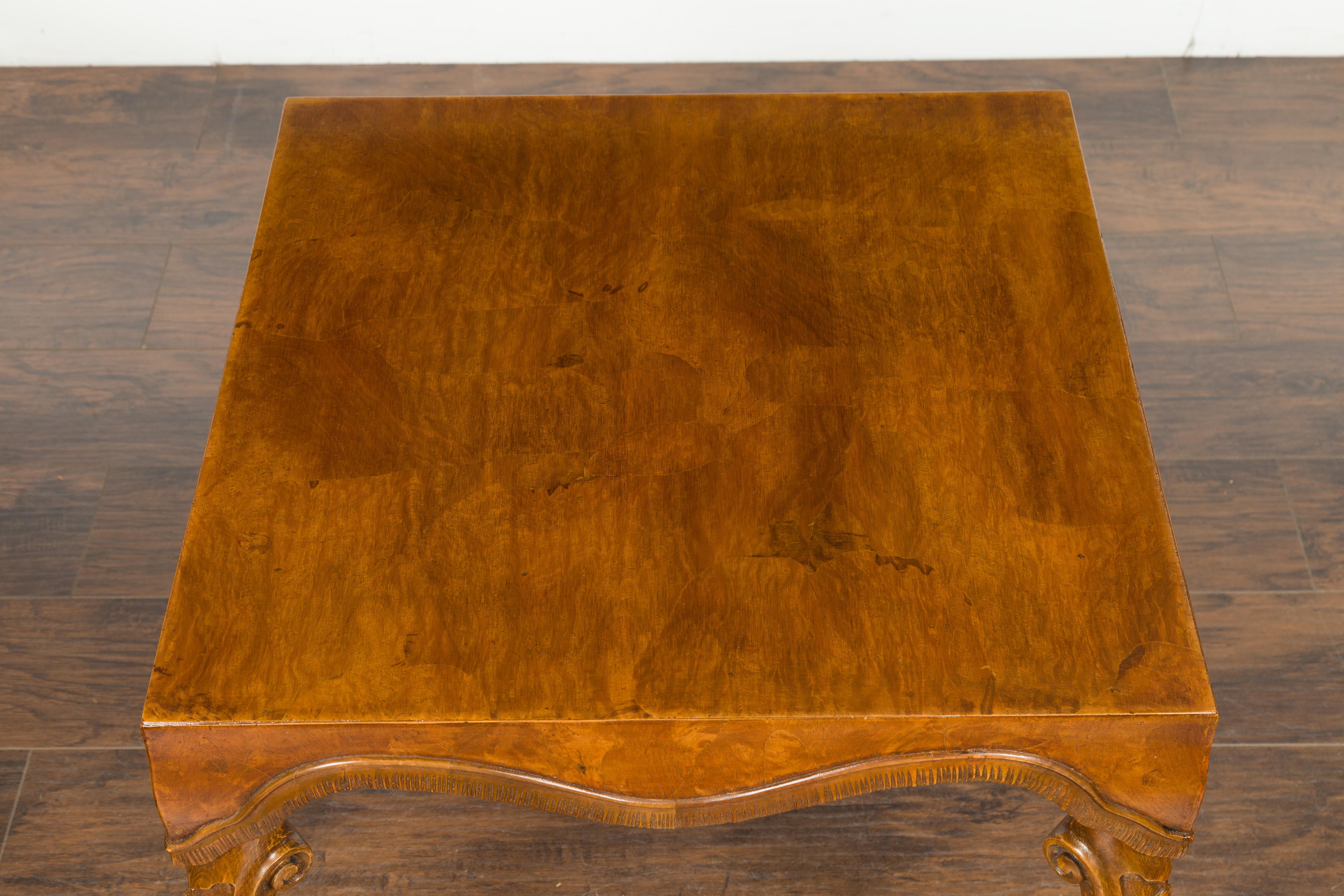 Italian Rococo Style Midcentury Walnut and Olive Wood Table with Cabriole Legs For Sale 1