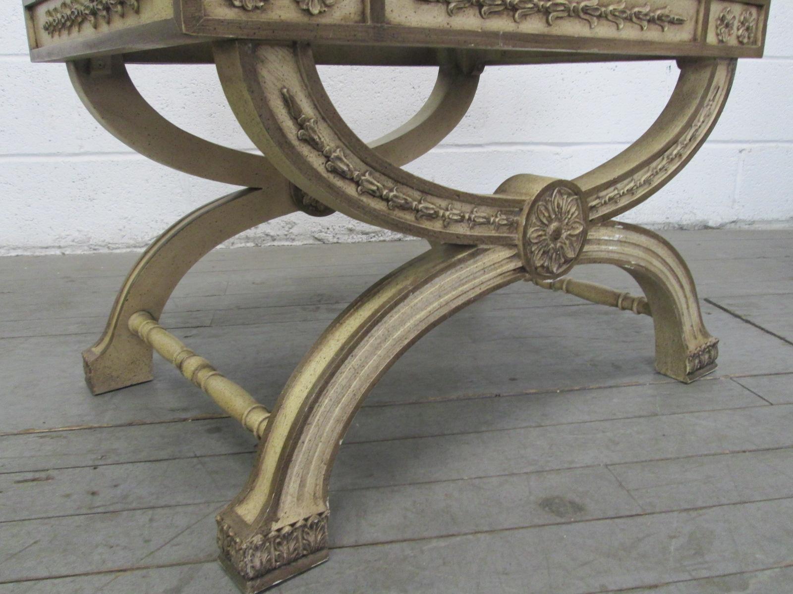 Carved Italian Rococo Style Painted Bench For Sale