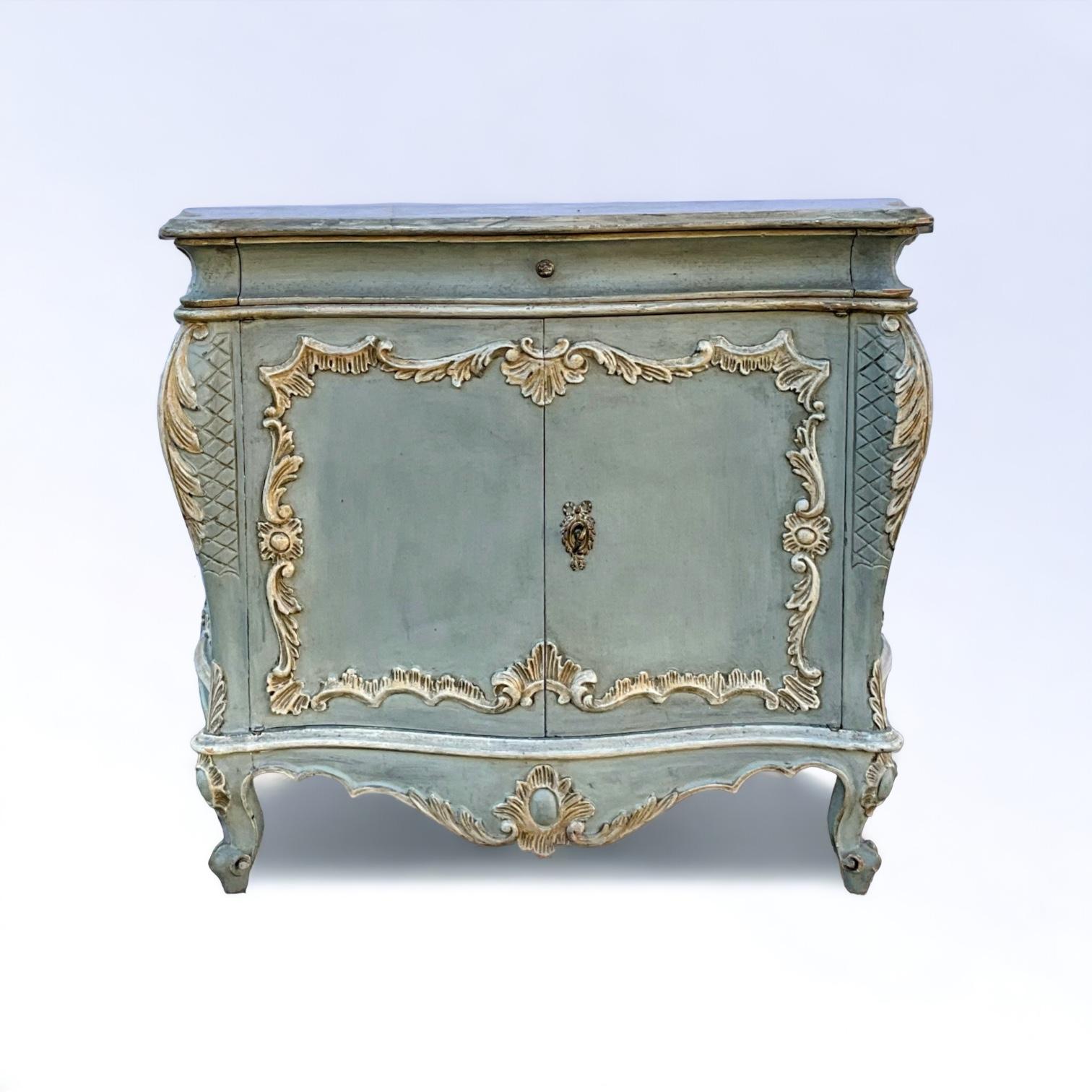Italian Rococo Style Painted French Blue Commode / Cabinet Faux Marble Top For Sale 6