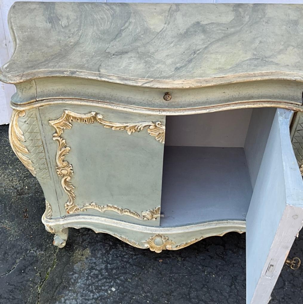 20th Century Italian Rococo Style Painted French Blue Commode / Cabinet Faux Marble Top For Sale