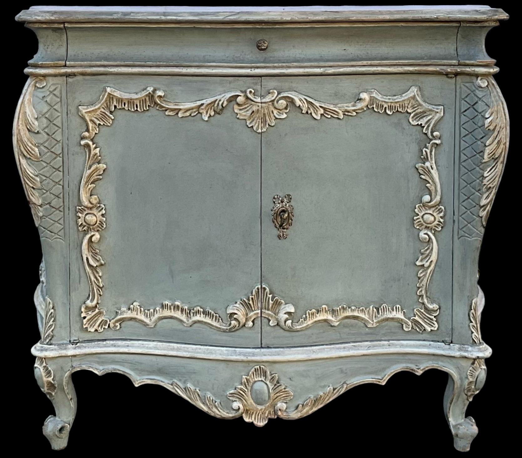 Italian Rococo Style Painted French Blue Commode / Cabinet Faux Marble Top For Sale 2