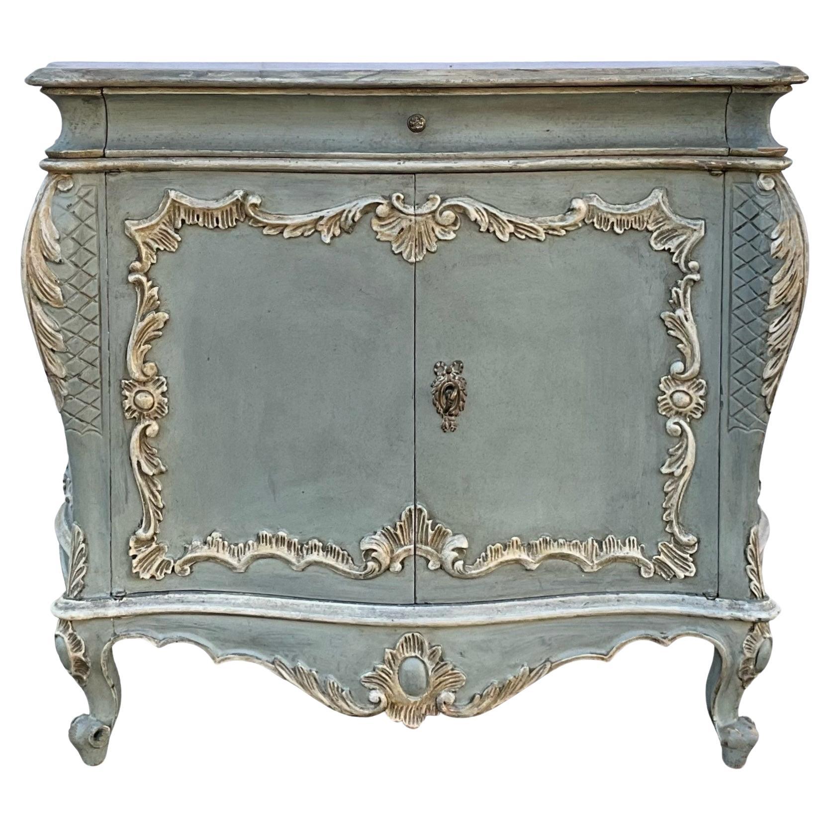 Italian Rococo Style Painted French Blue Commode / Cabinet Faux Marble Top