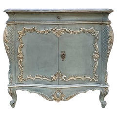 Retro Italian Rococo Style Painted French Blue Commode / Cabinet Faux Marble Top