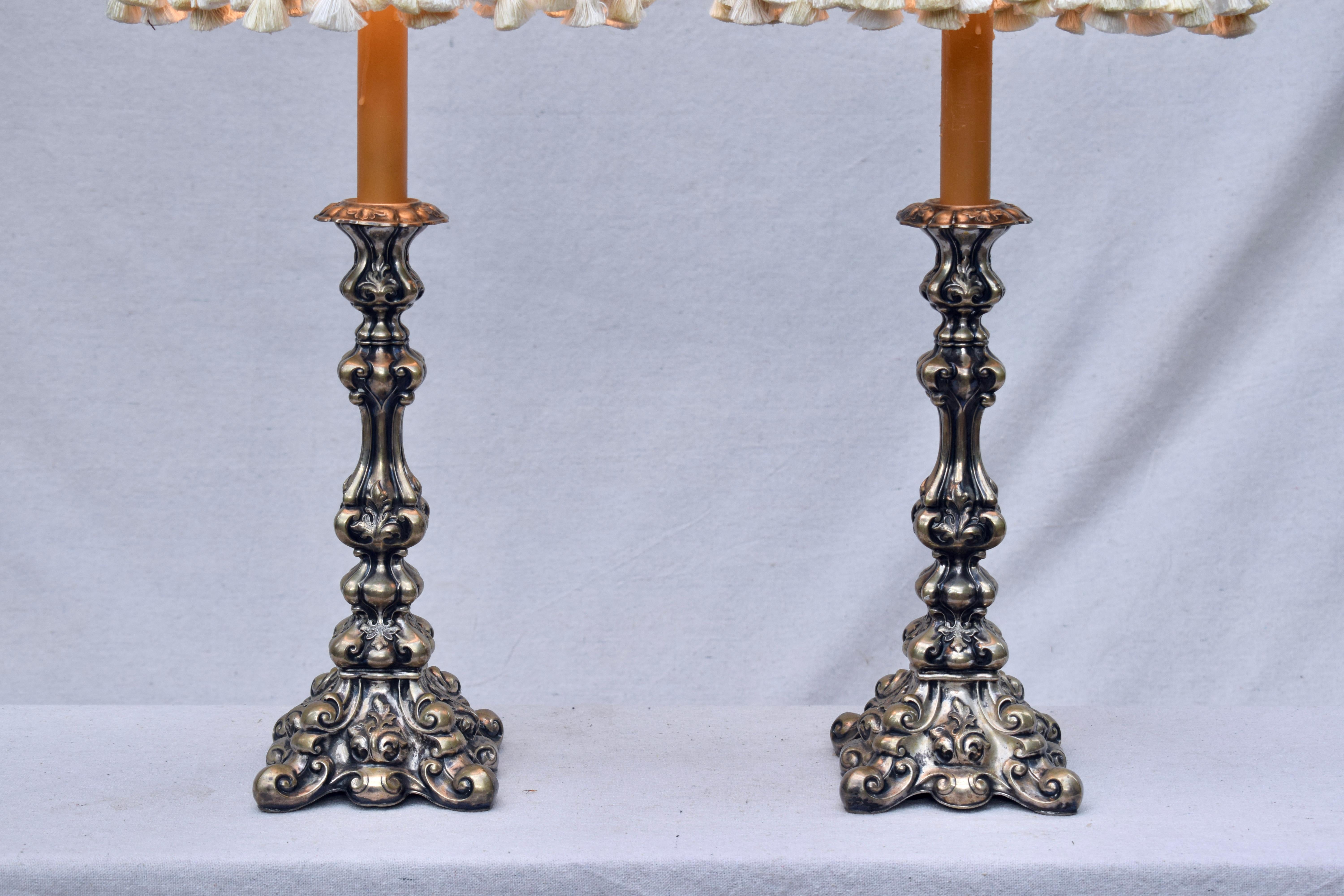Italian Rococo Style Pair of Silver Candlestick Table Lamps In Good Condition For Sale In Southampton, NJ