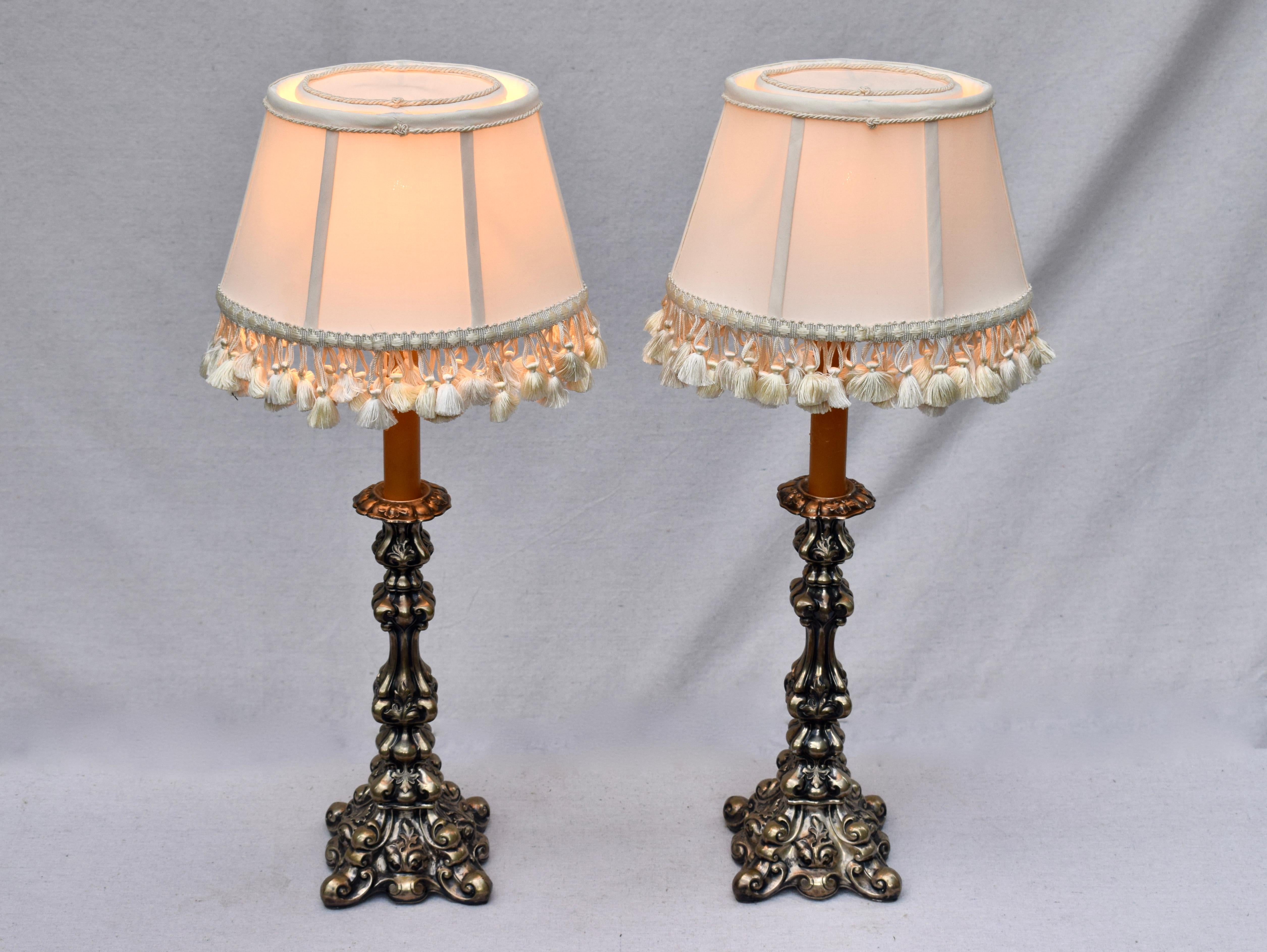 20th Century Italian Rococo Style Pair of Silver Candlestick Table Lamps For Sale