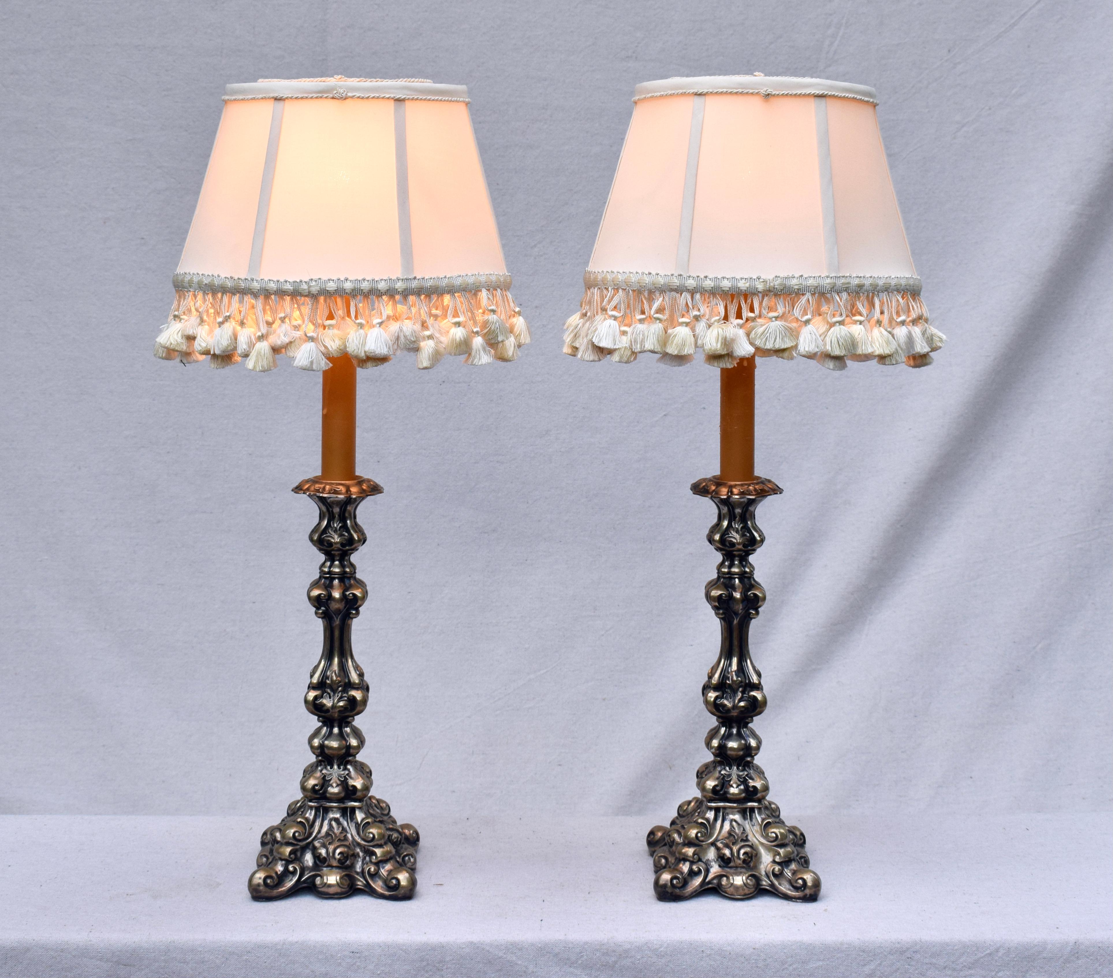 Italian Rococo Style Pair of Silver Candlestick Table Lamps For Sale 2