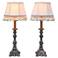 Italian Rococo Style Pair of Silver Candlestick Table Lamps