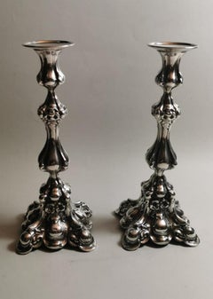 Italian Rococo Style Pair of Silver Candlesticks