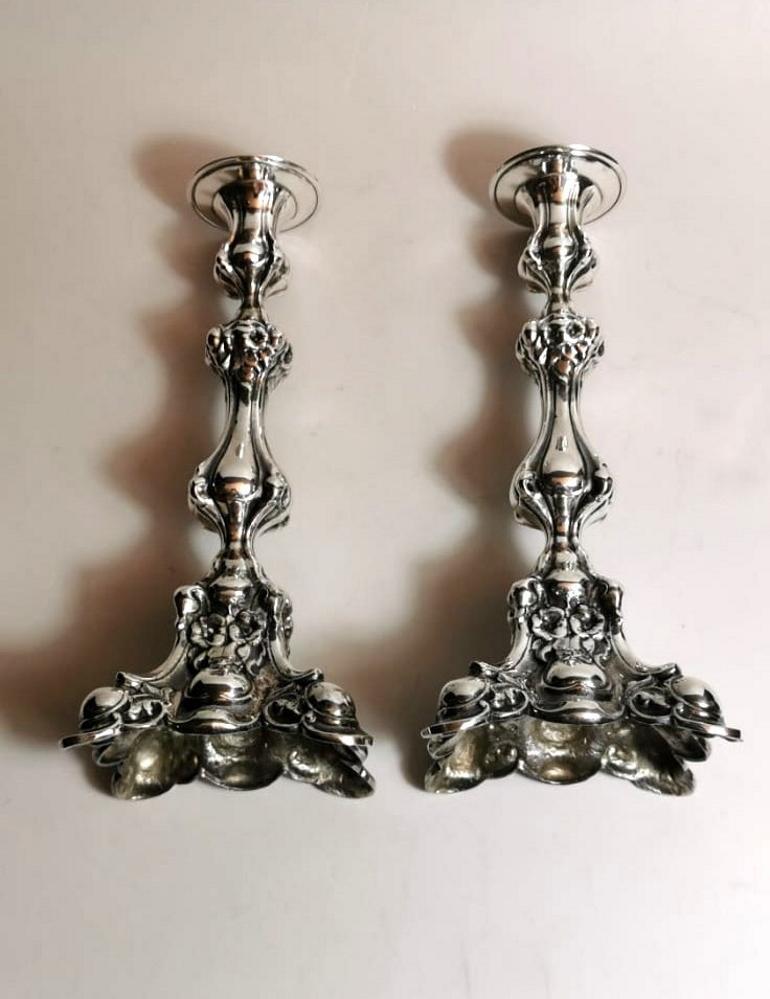 Cast Italian Rococo Style Pair of Silver Candlesticks For Sale