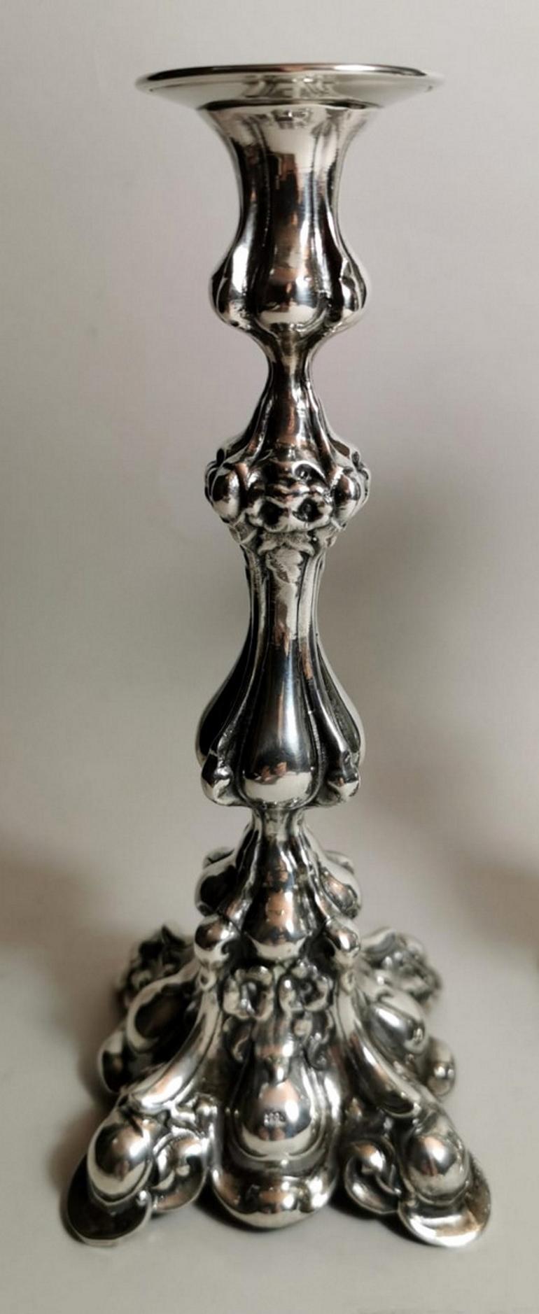 20th Century Italian Rococo Style Pair of Silver Candlesticks For Sale