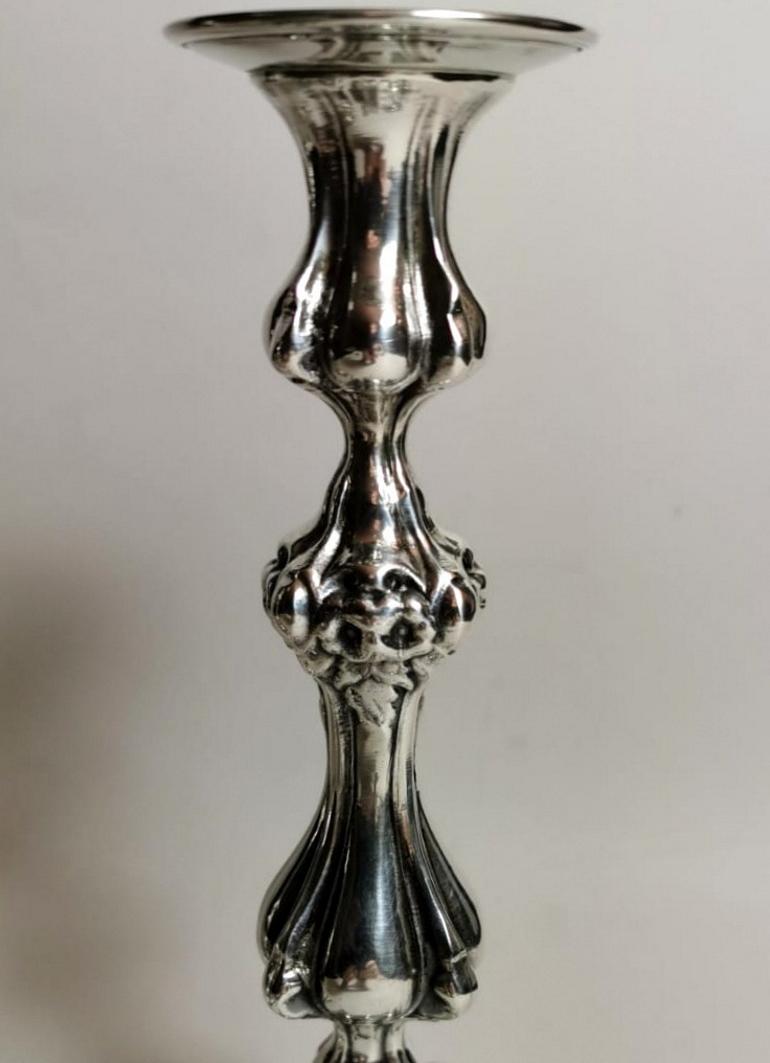 Italian Rococo Style Pair of Silver Candlesticks For Sale 1