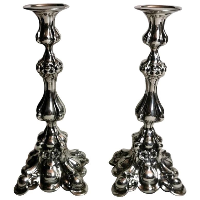 Italian Rococo Style Pair of Silver Candlesticks