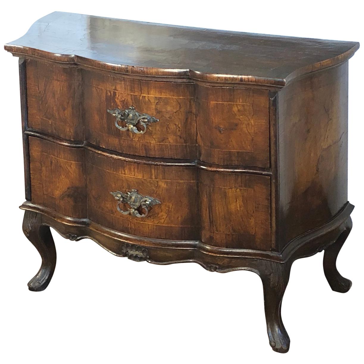 Italian Rococo Style Serpentine Front Walnut Two-Drawer Commode For Sale