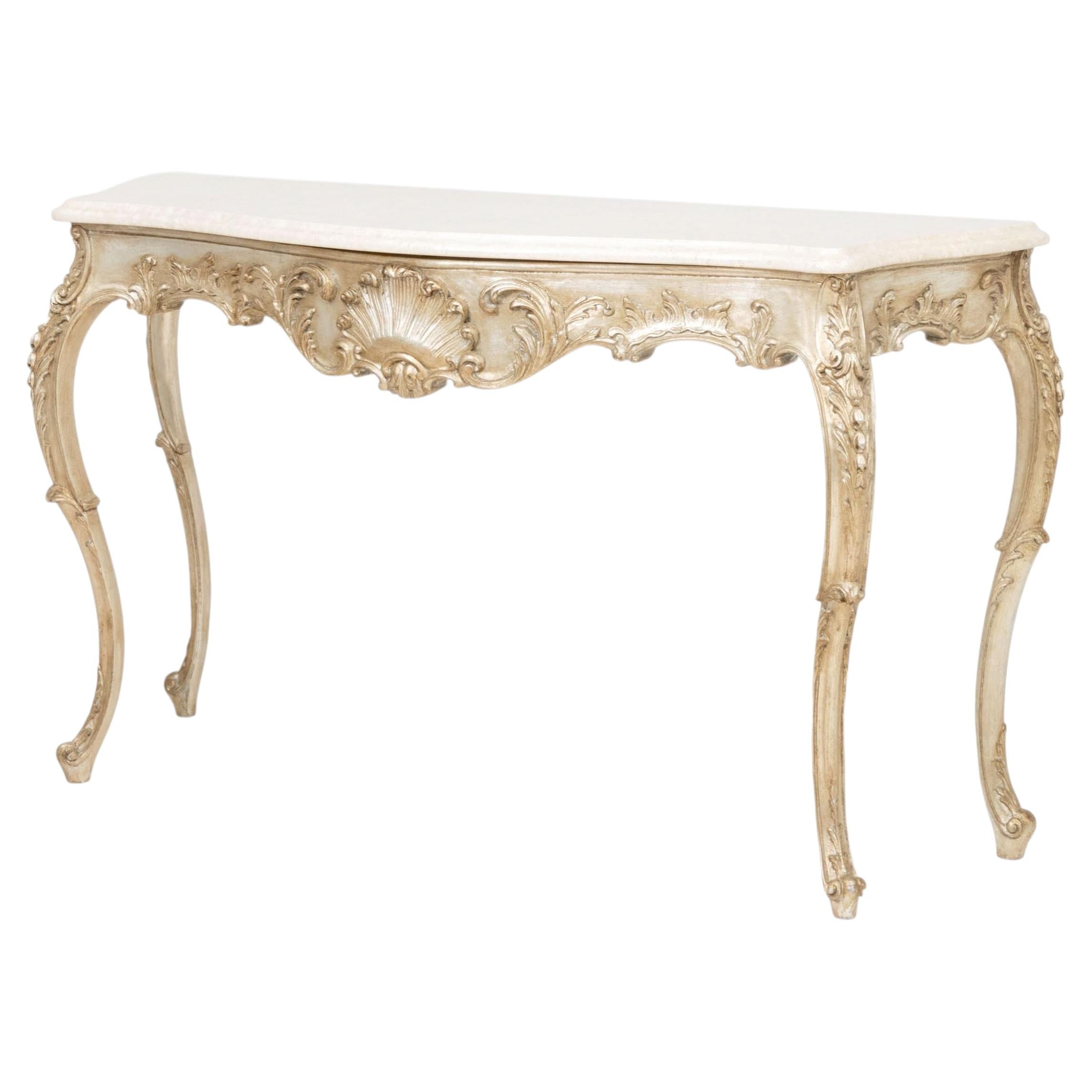 Italian Rococo Silvered Wood Console Table with Stone Top and Carvings