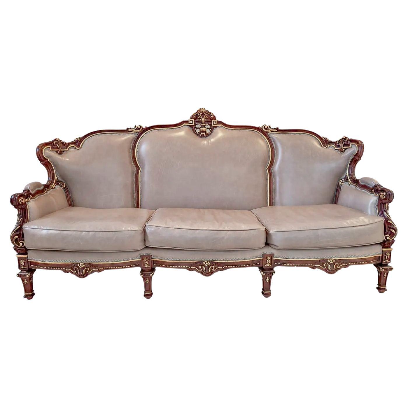 Italian Rococo Style Sofa in Fine Taupe / Gray Leather Upholstery and Mahogany  For Sale