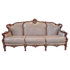 Vintage Italian Rococo Style Sofa in Fine Taupe / Gray Leather Upholstery and Mahogany 