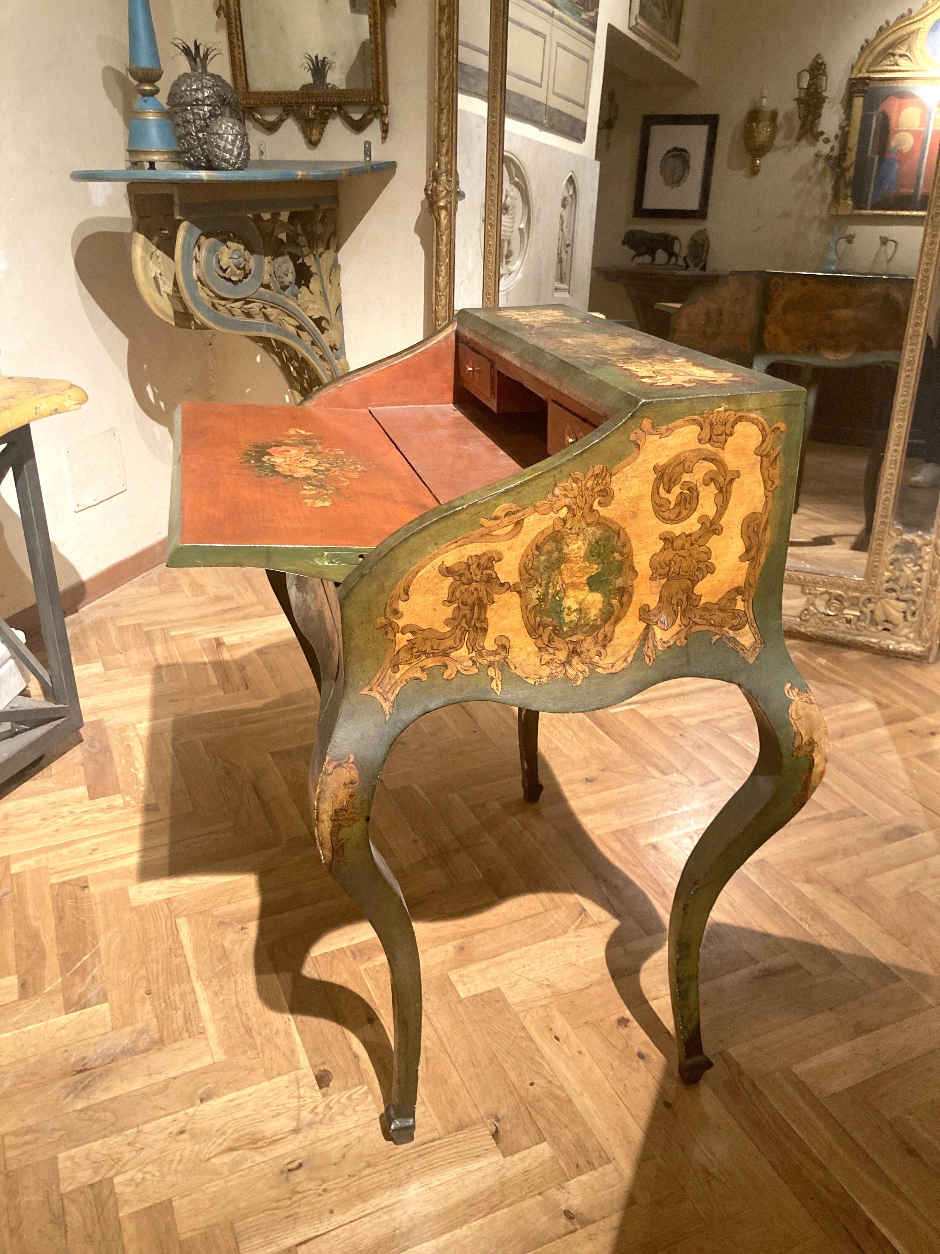 Hand-Crafted Italian Rococo Style Venetian Painted Folding Writing Desk