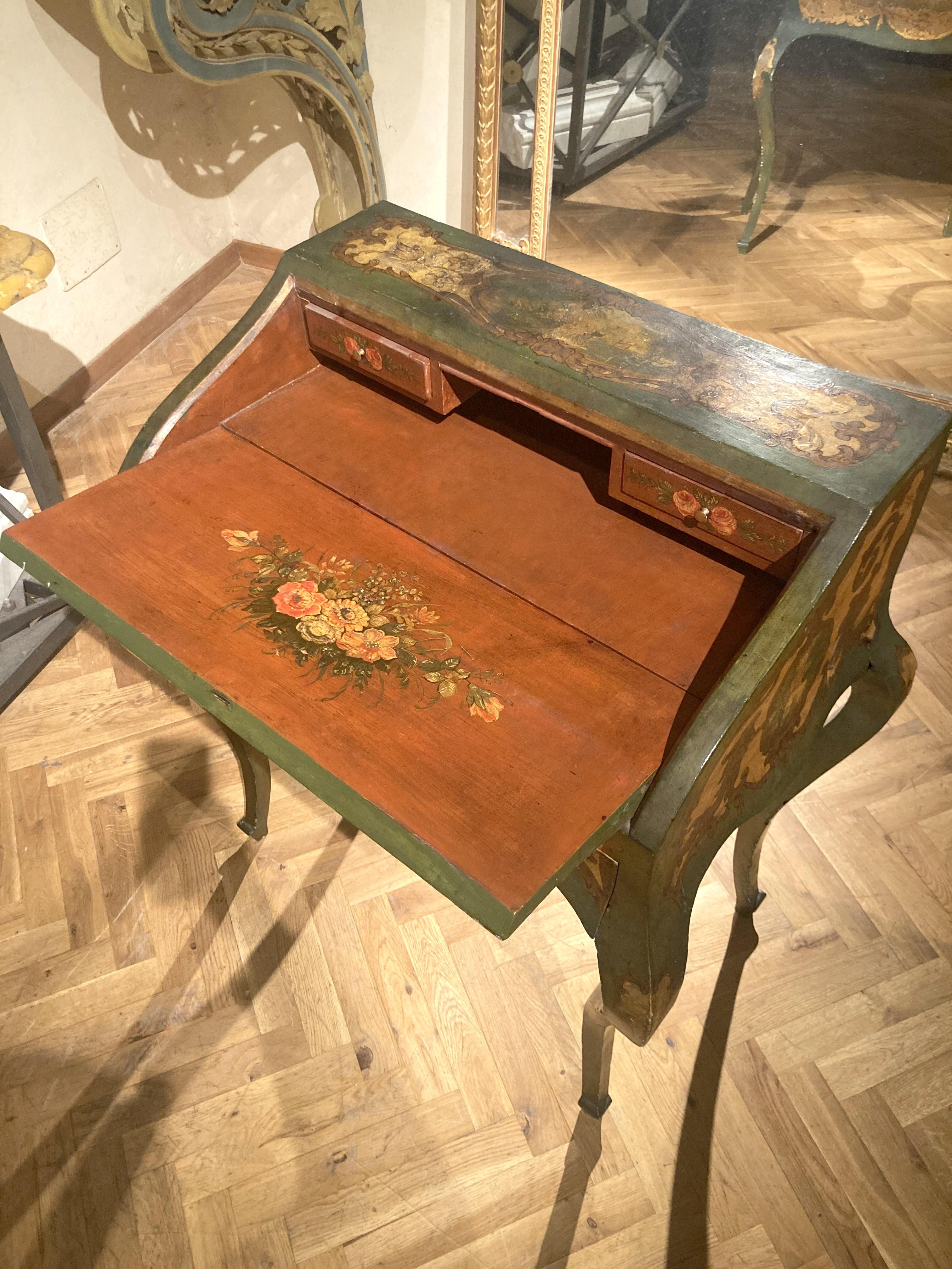 20th Century Italian Rococo Style Venetian Painted Folding Writing Desk
