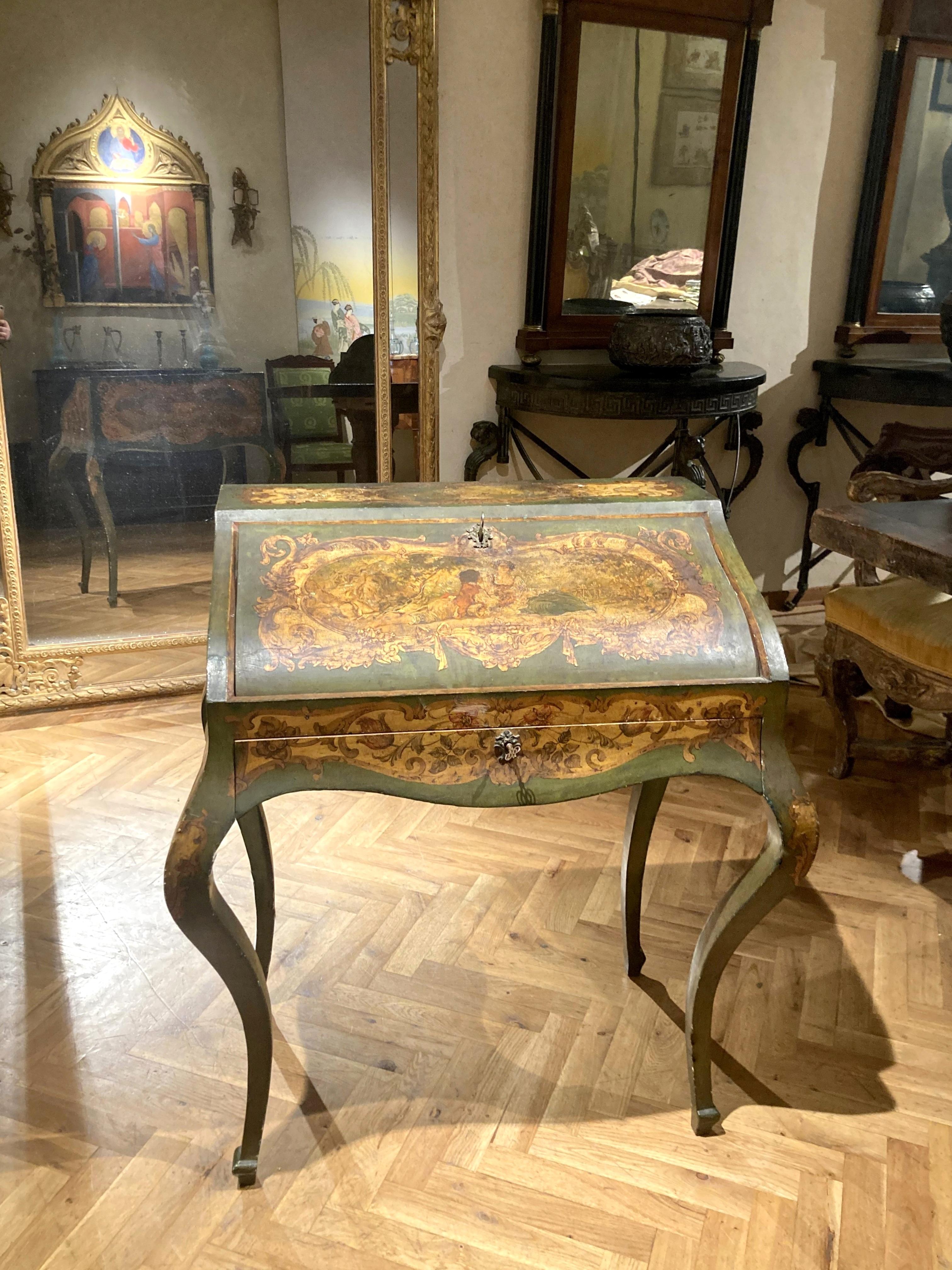 Italian Rococo Style Venetian Painted Folding Writing Desk 1