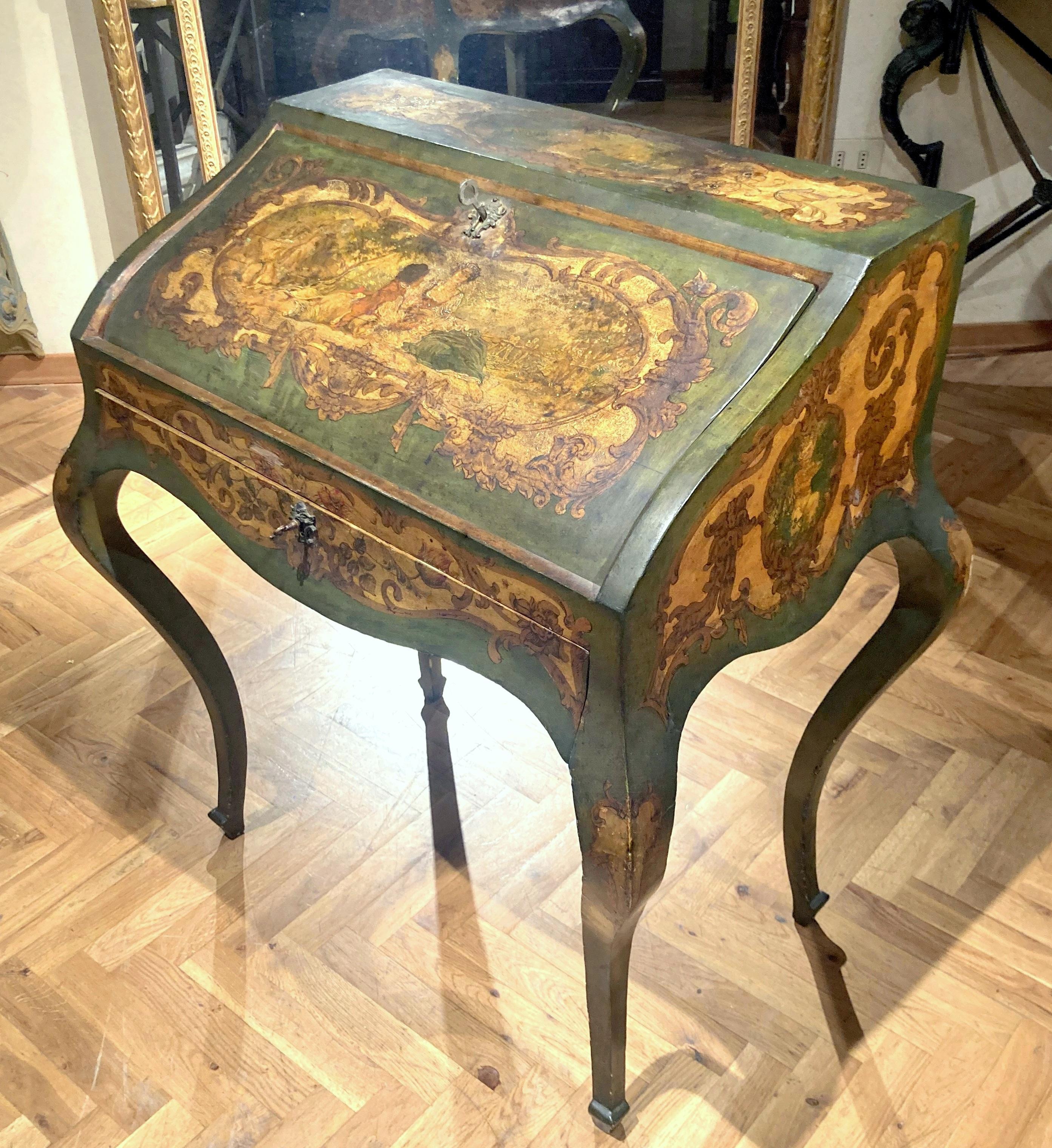 Italian Rococo Style Venetian Painted Folding Writing Desk 2
